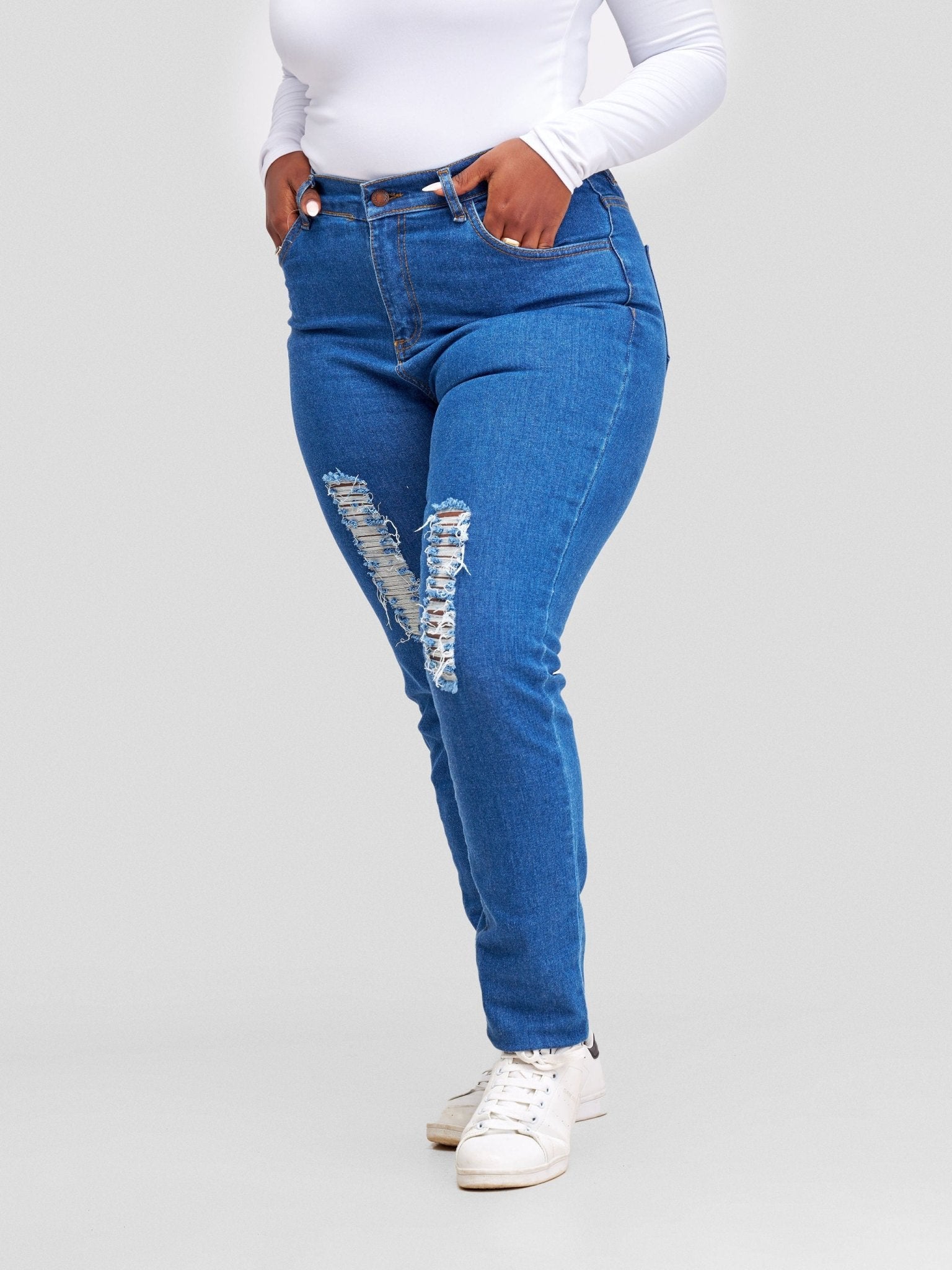Denim Haven High Rise Skinny Ripped Jeans - Deep Blue - Shopzetu