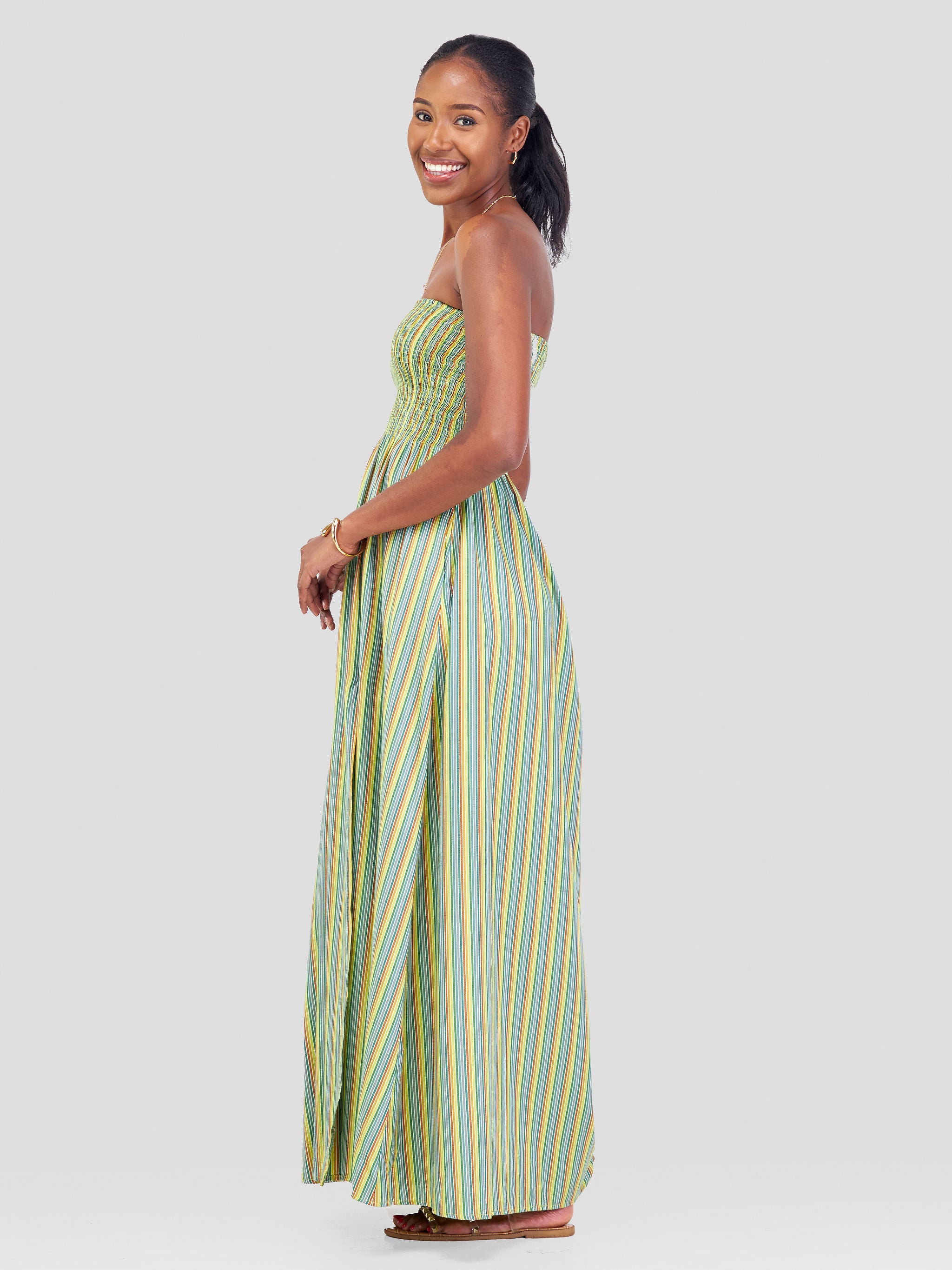 Safari Kikoy Shirred Maxi Dress -Dark Green