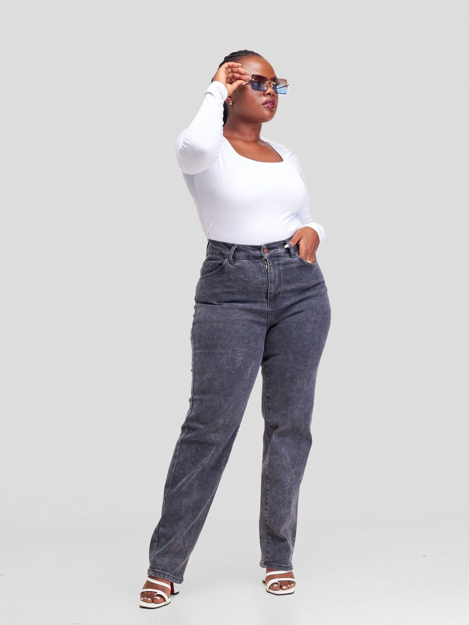 Denim Haven Mom Jeans - Dark Grey - Shopzetu