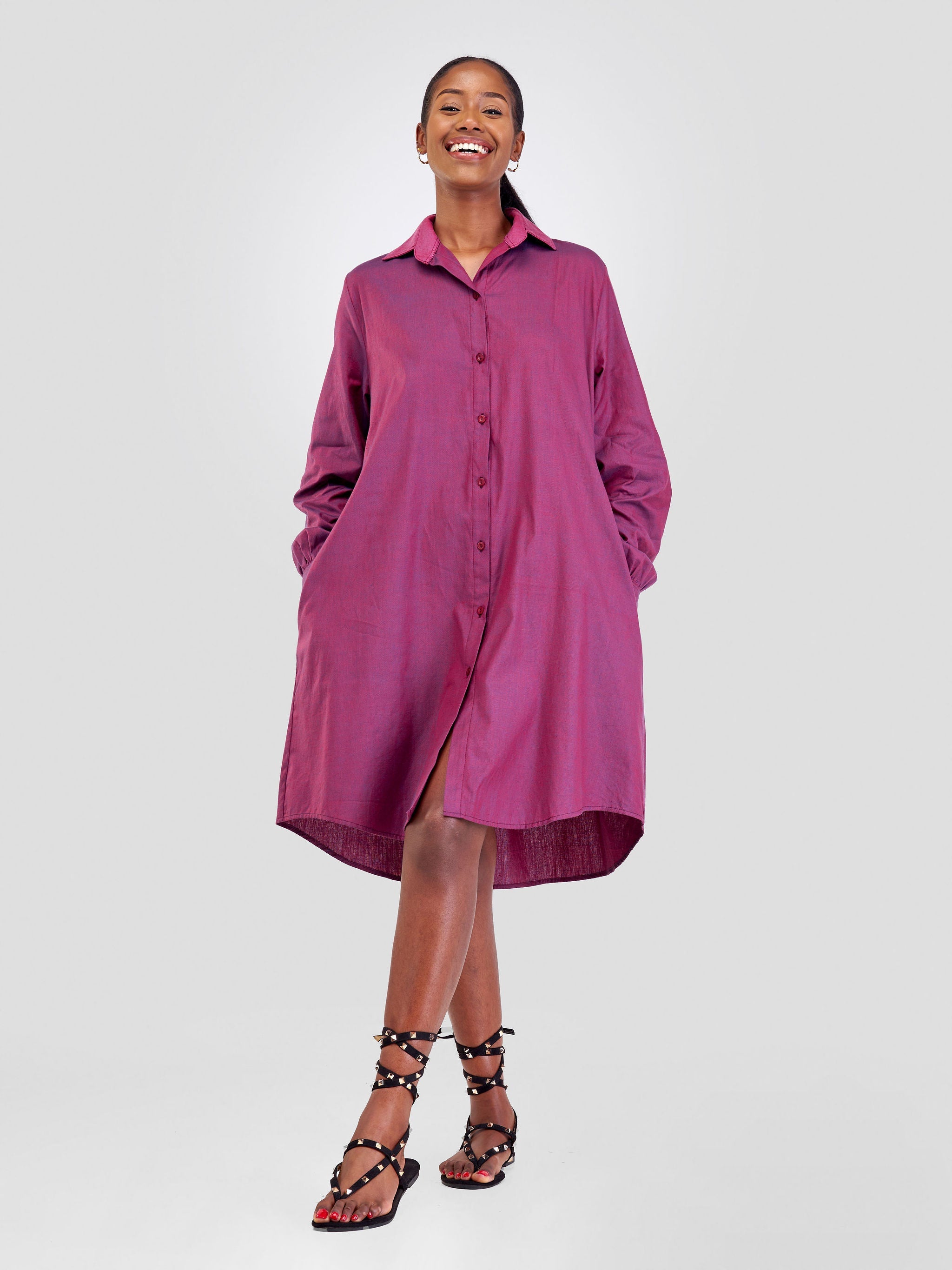 Safari Kikoy Long Sleeved Shirt Dress- Dark Maroon