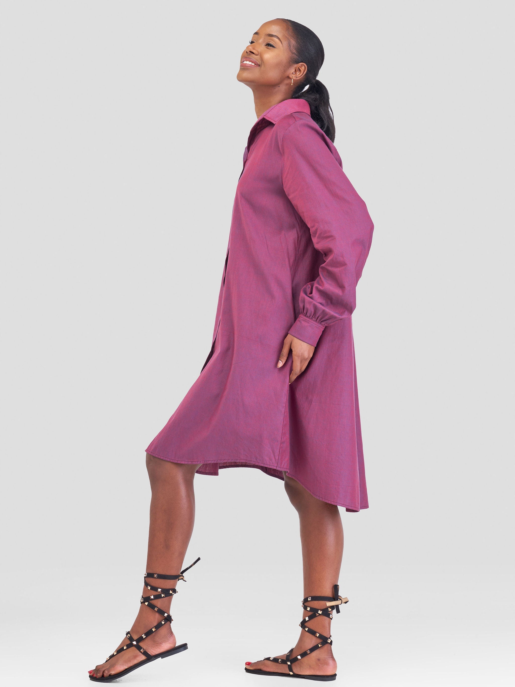 Safari Kikoy Long Sleeved Shirt Dress- Dark Maroon