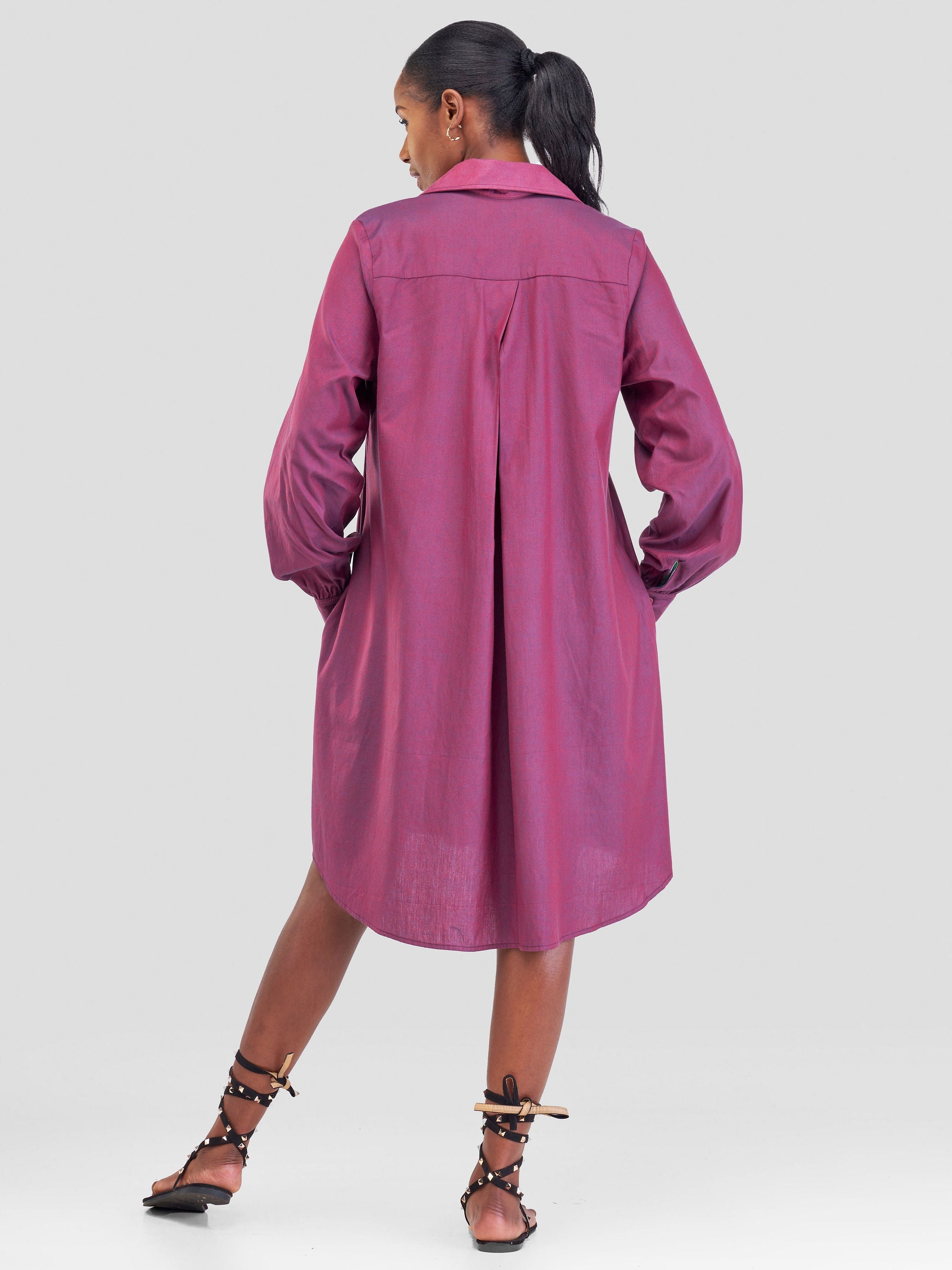 Safari Kikoy Long Sleeved Shirt Dress- Dark Maroon