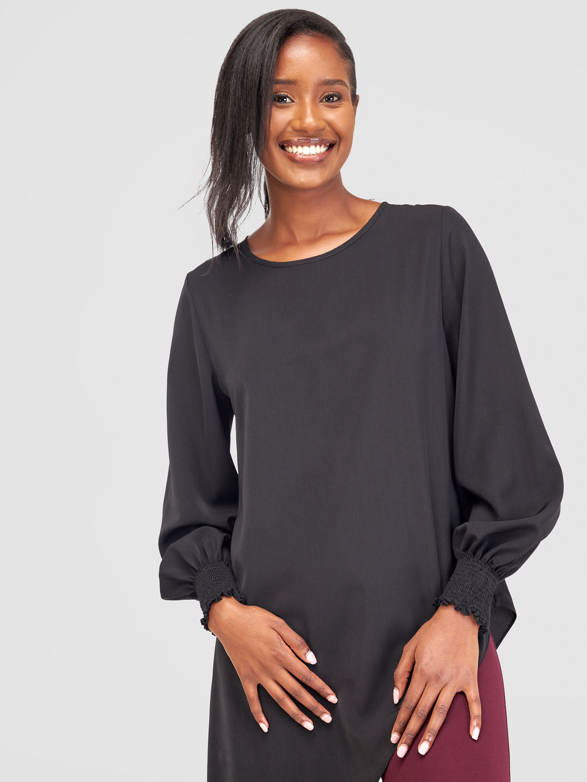 Vivo Wastani Shirred Cuff Asymmetrical Top Black Vivo Fashion Group