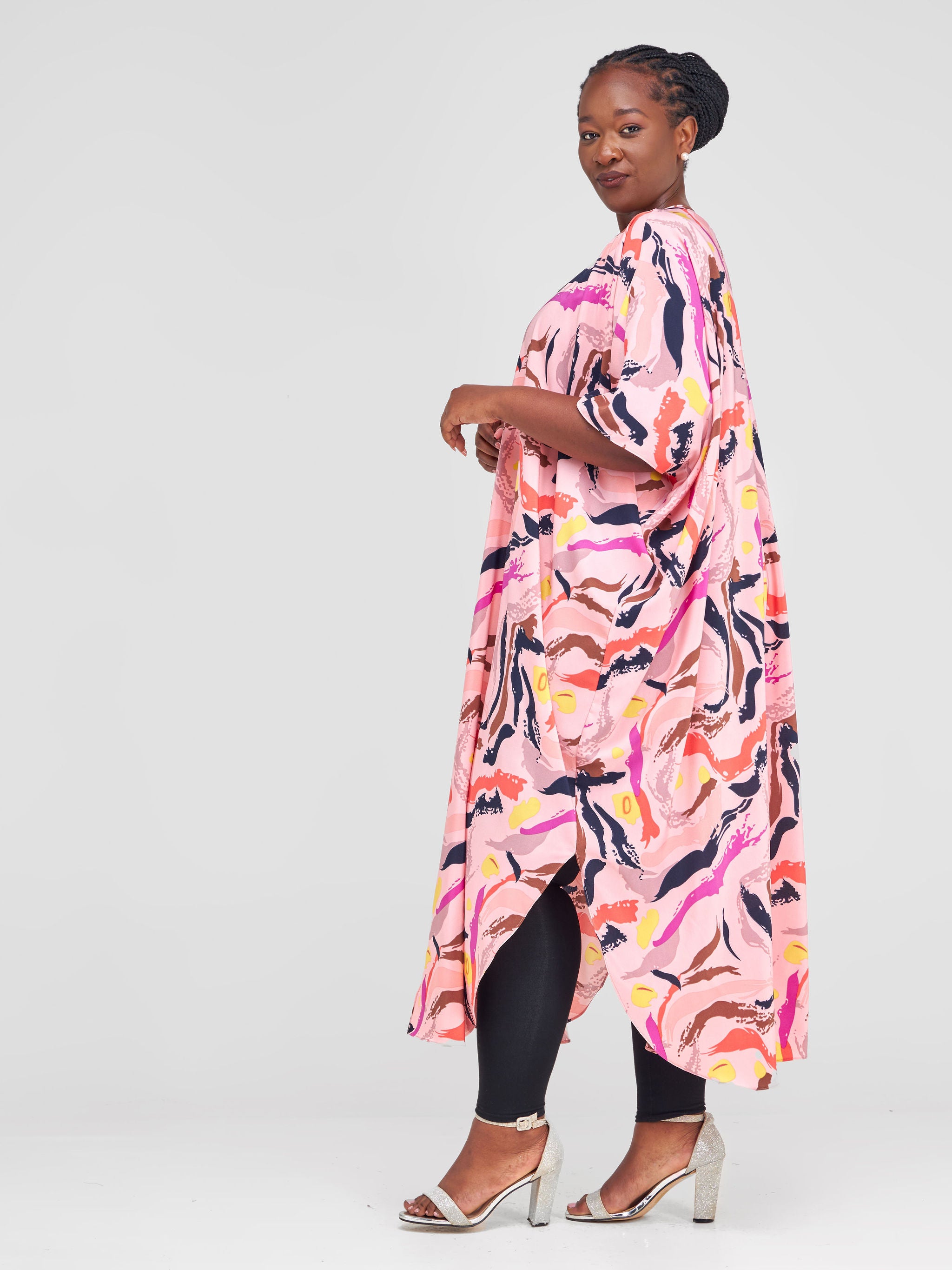 Vivo Malindi Maxi Kimono - Pink / Brown Abstract Print