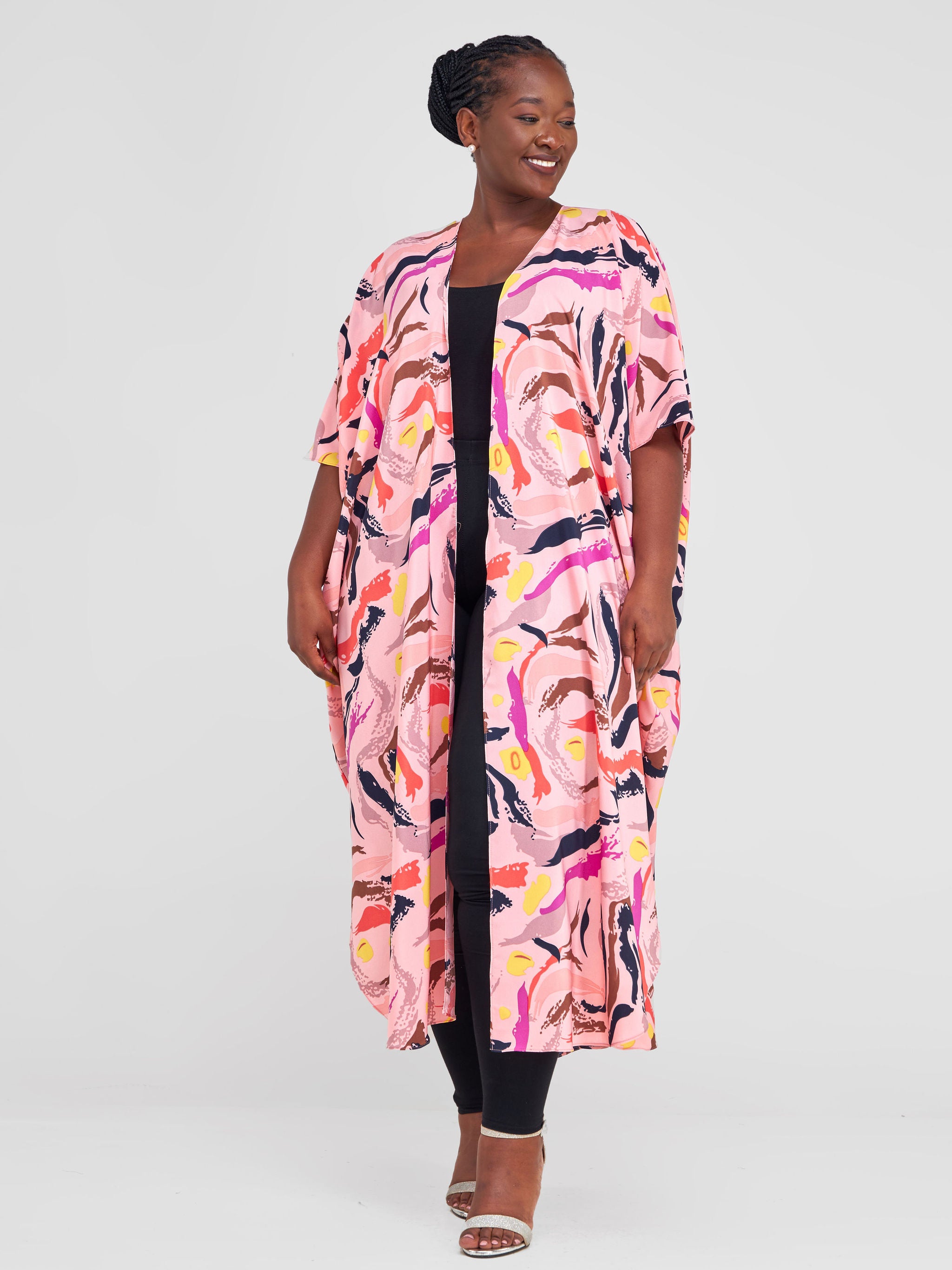 Vivo Malindi Maxi Kimono - Pink / Brown Abstract Print