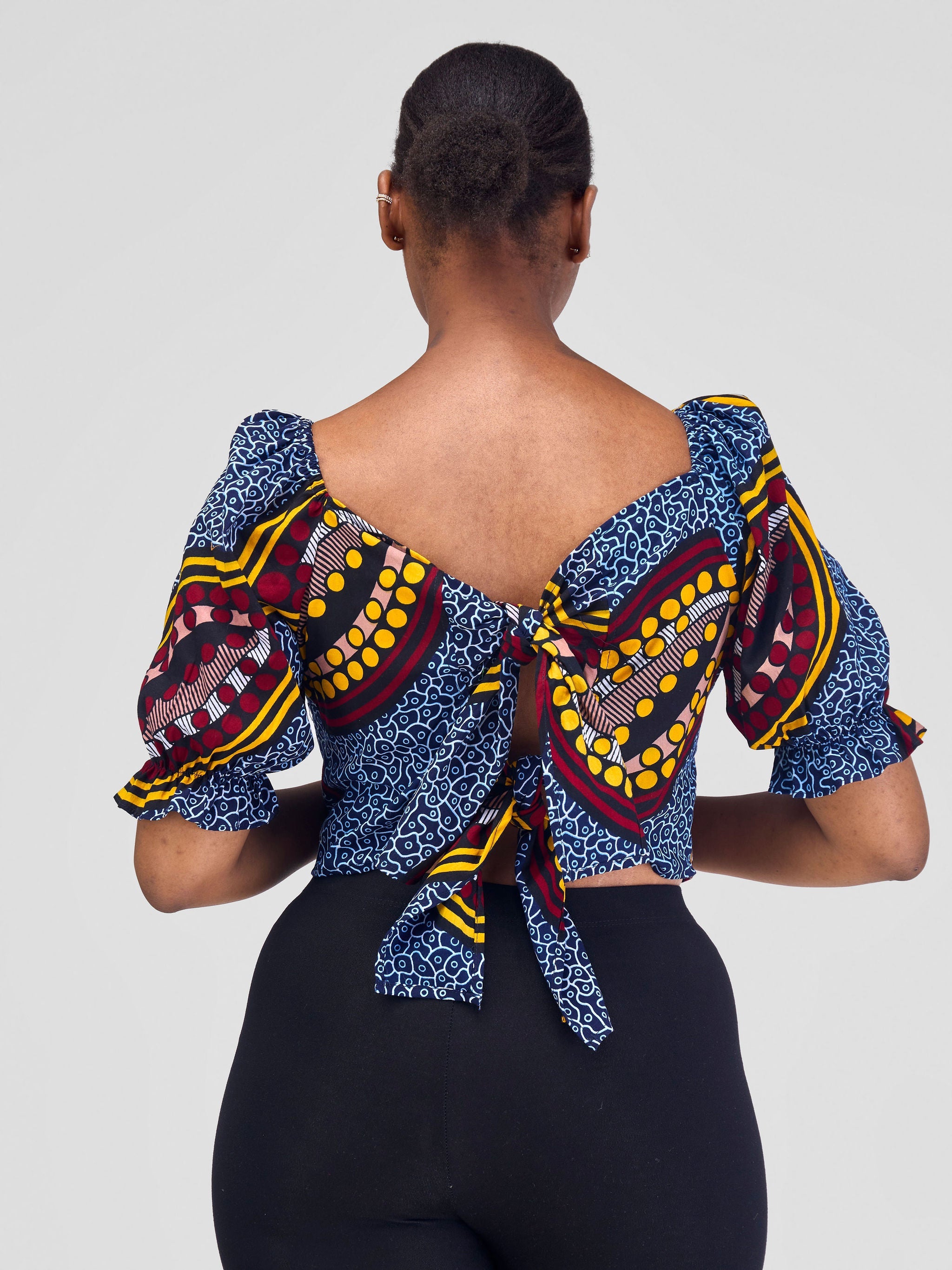 Safari Anga Puffy Short Sleeve Tie Top - Navy Blue / Yellow Ankara Print