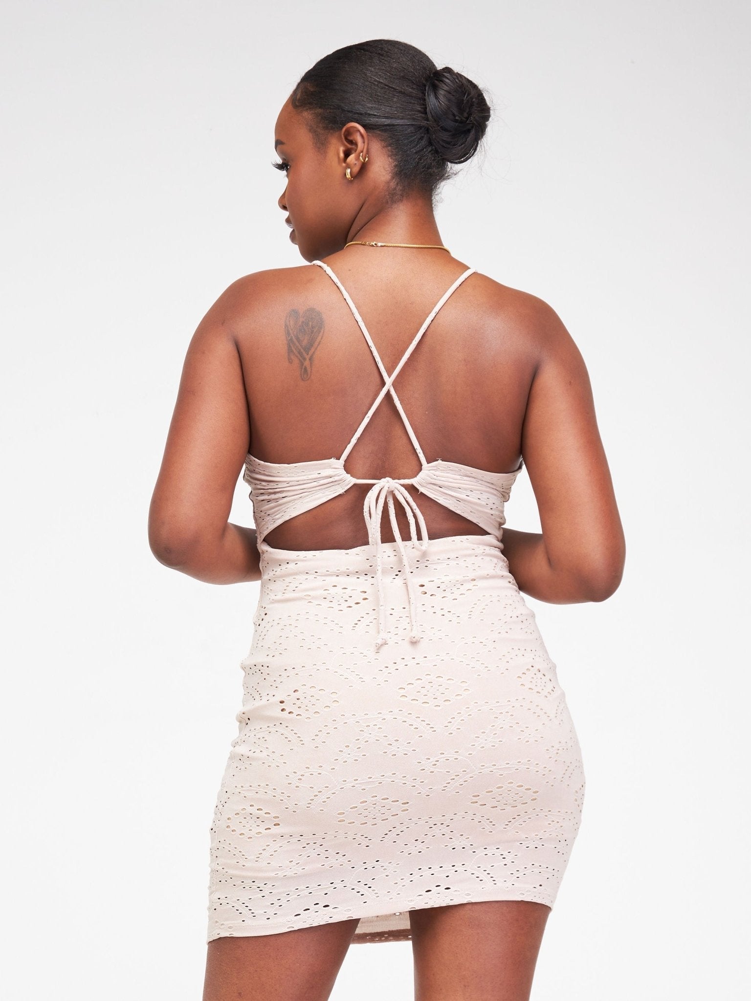 Popular 21 Eyelet Cross Back Tie Dress - Mushroom - Shopzetu