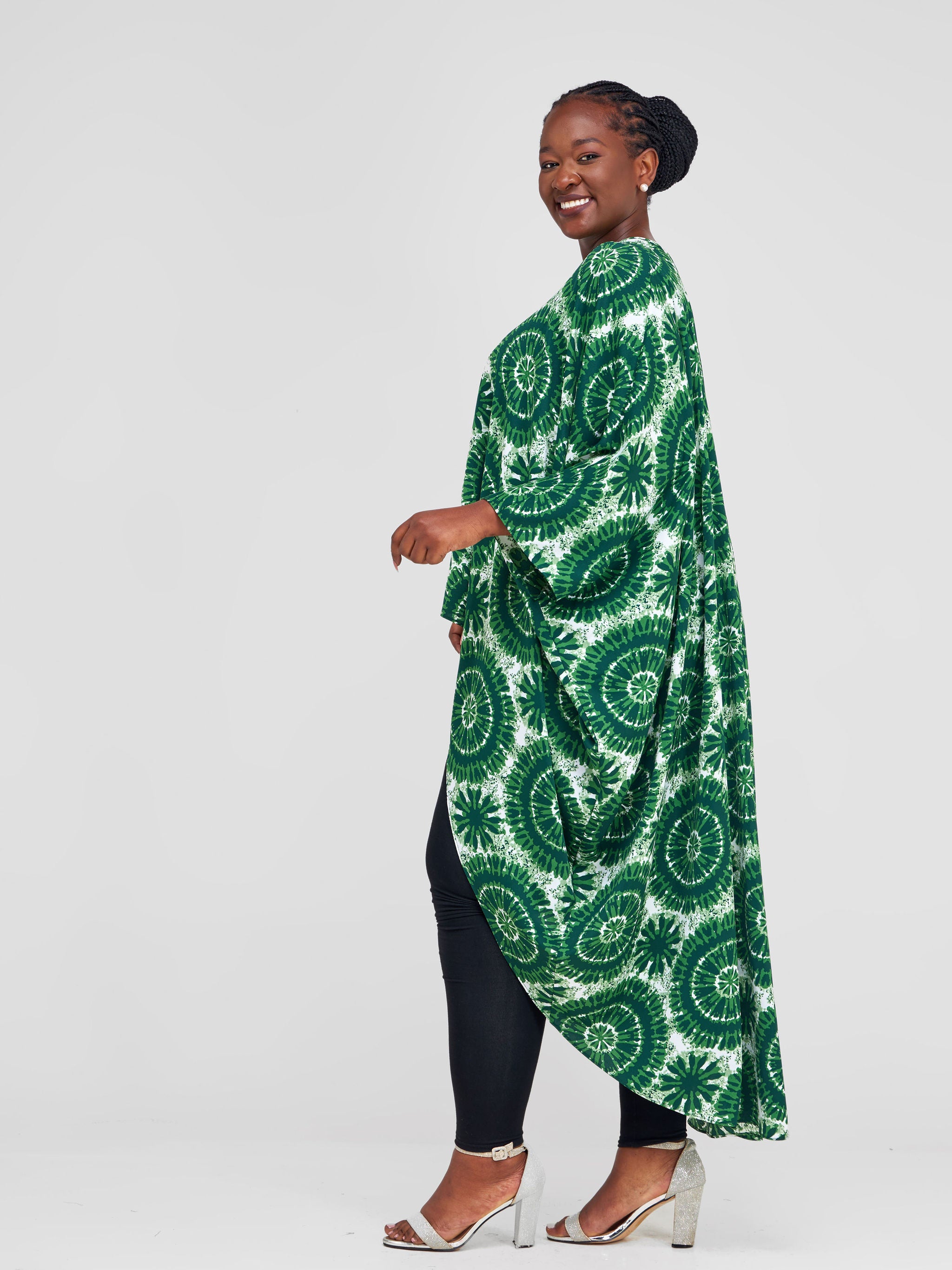 Vivo Malindi V-Neck High Low Kaftan Top - White / Green Abstract Print