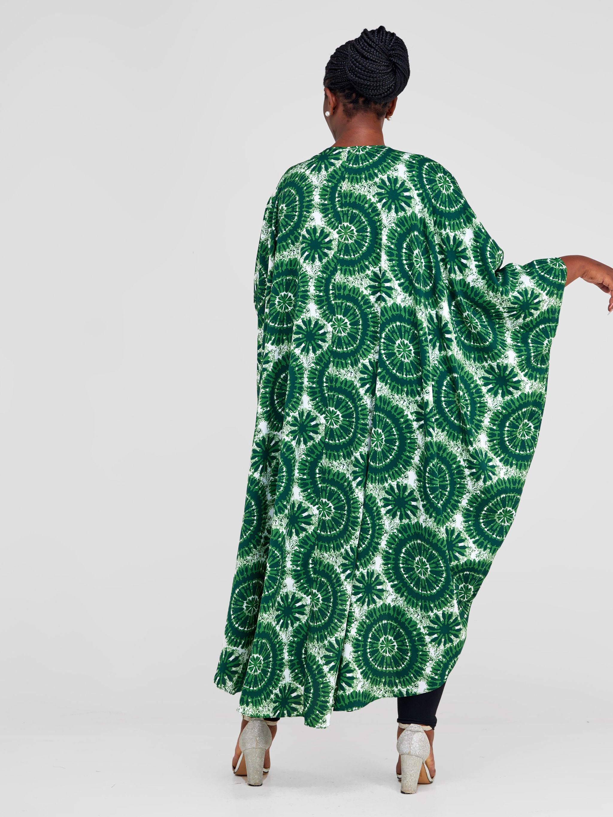 Vivo Malindi V-Neck High Low Kaftan Top - White / Green Abstract Print