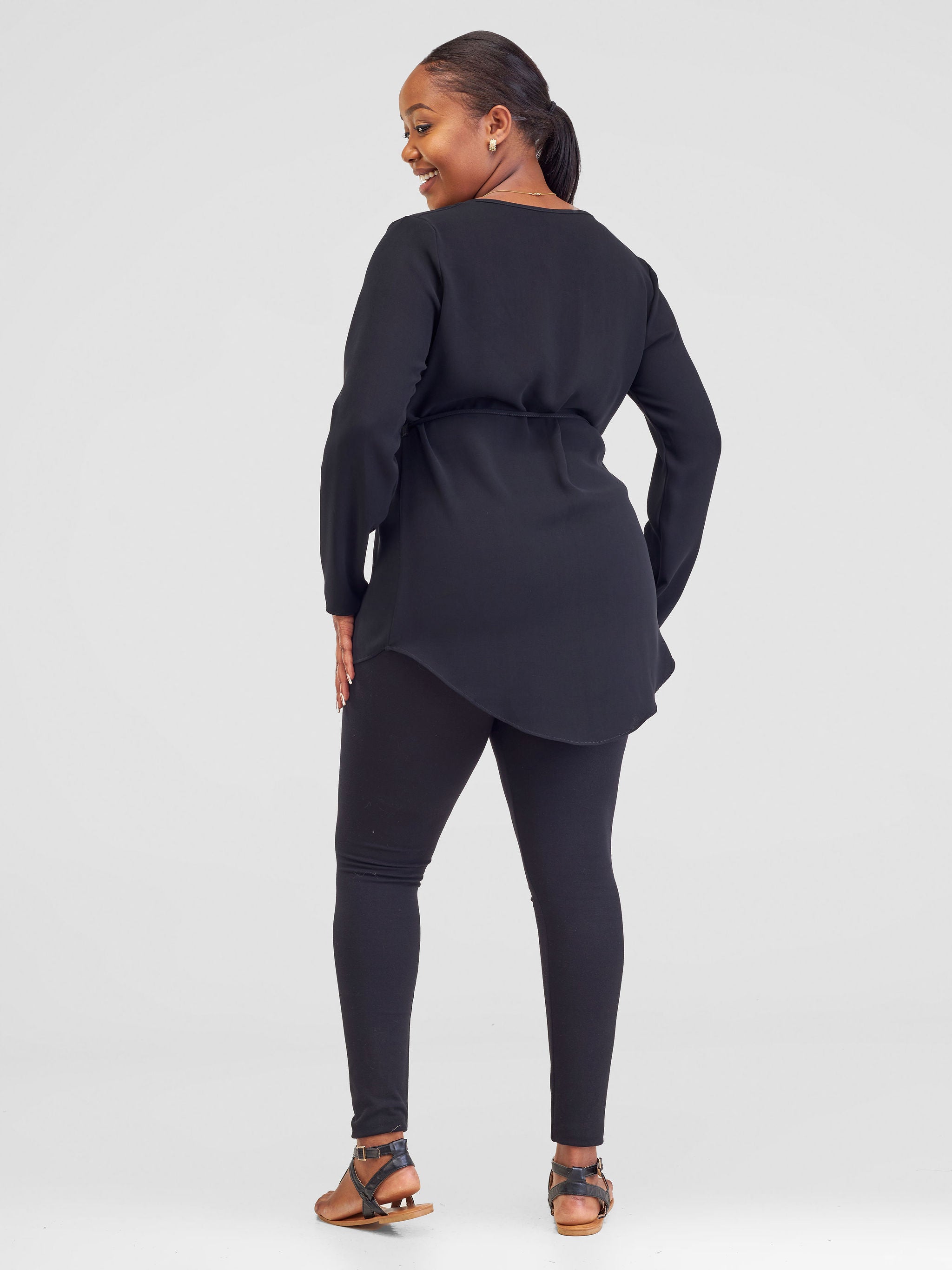Vivo Tunu Long Sleeve Front Pleat Top - Black ( Heavy Crepe)