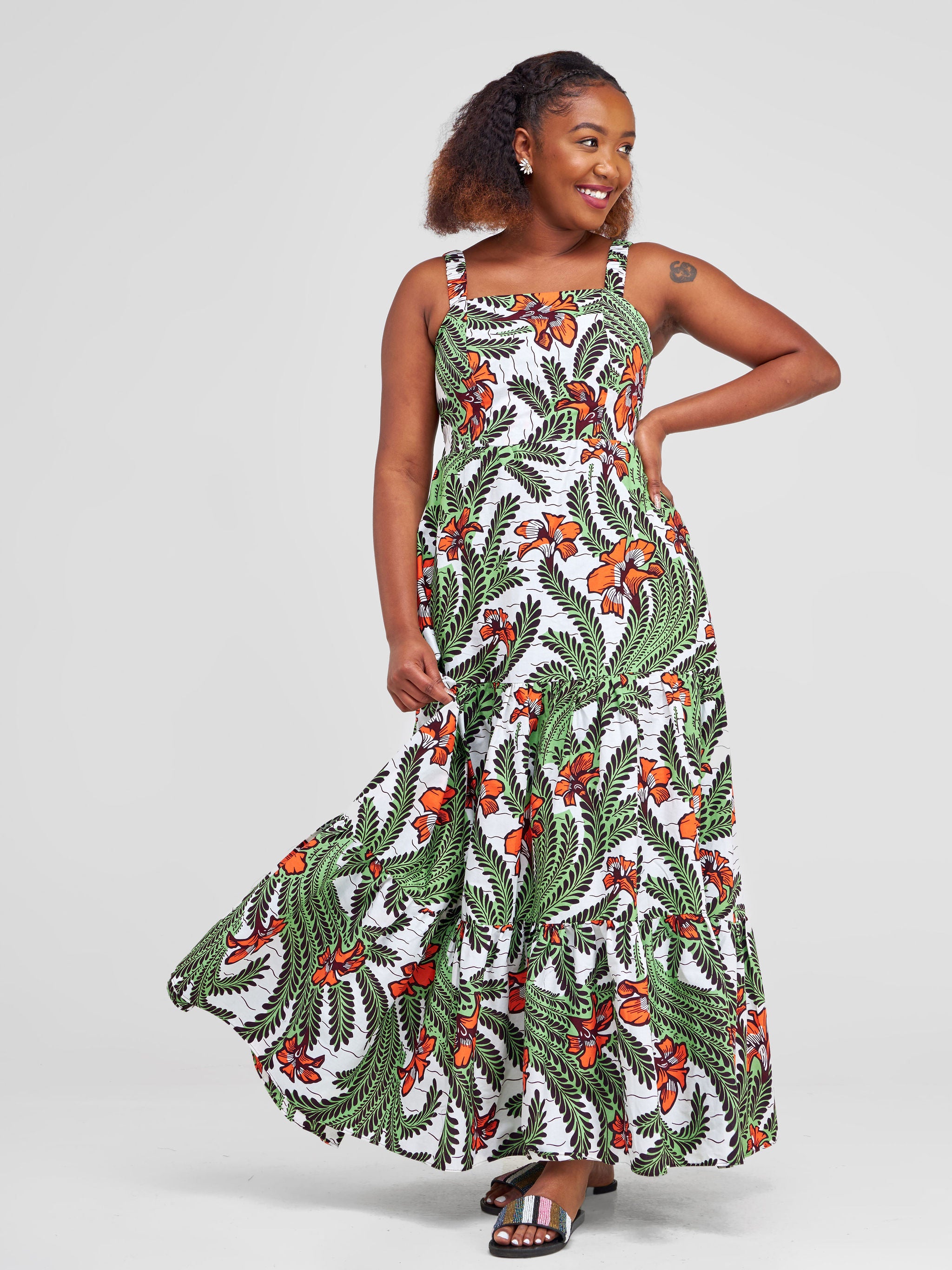 Vivo Kitenge Strappy Tiered Maxi Dress Green Orange Ankara