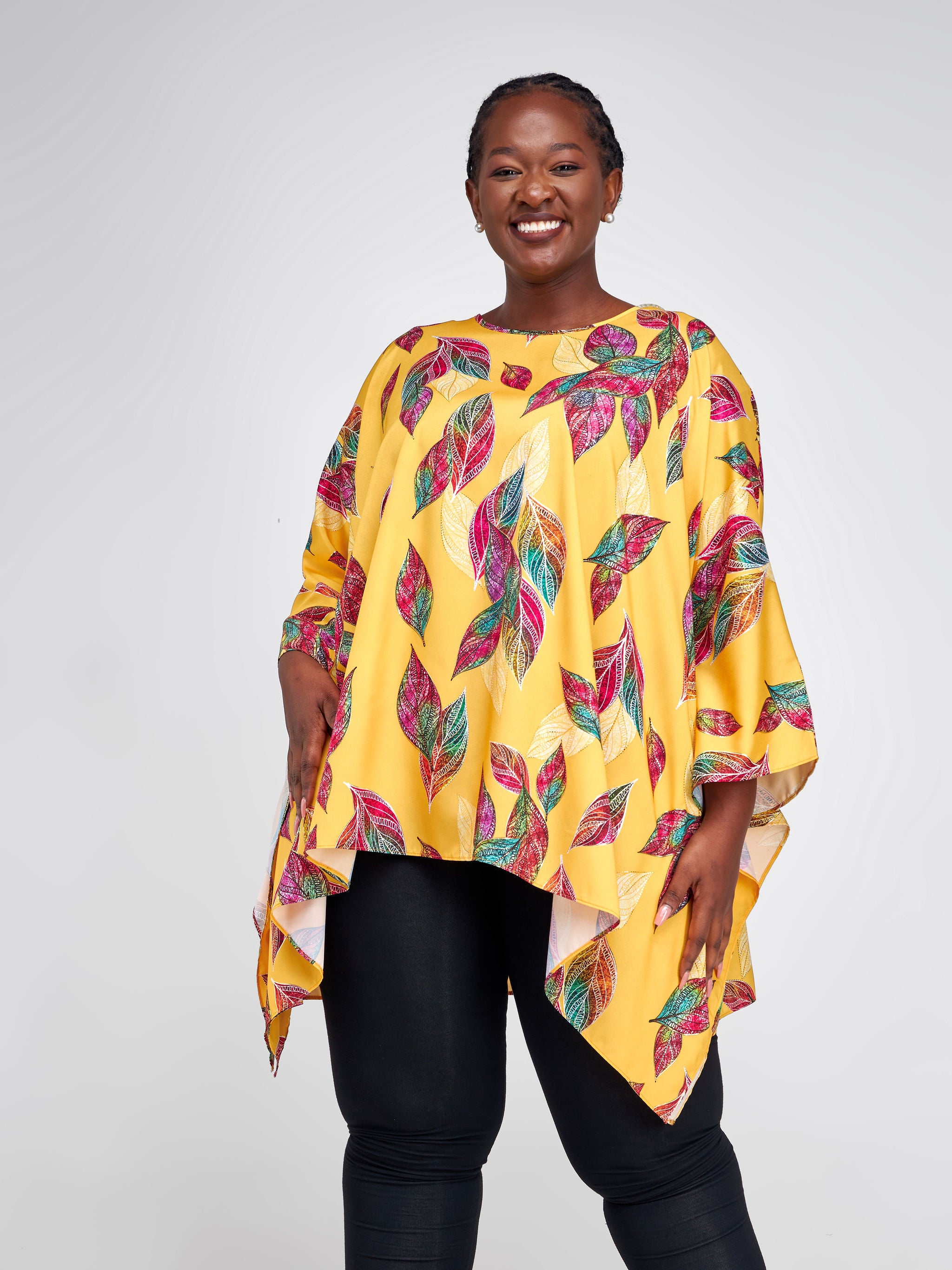 Vivo Basic Wide Loose Top - Yellow / Pink Leaf Print