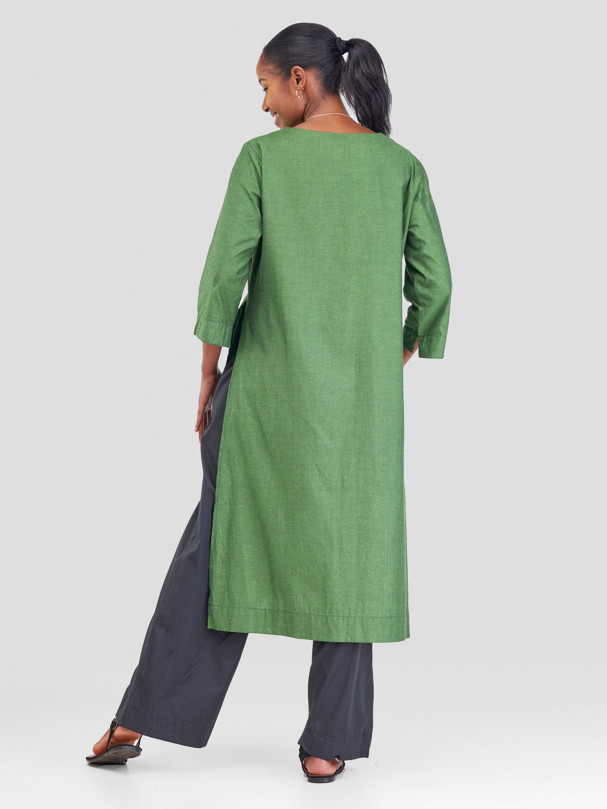 Safari Kikoy Long Sleeve Kaftan Top - Dark Green