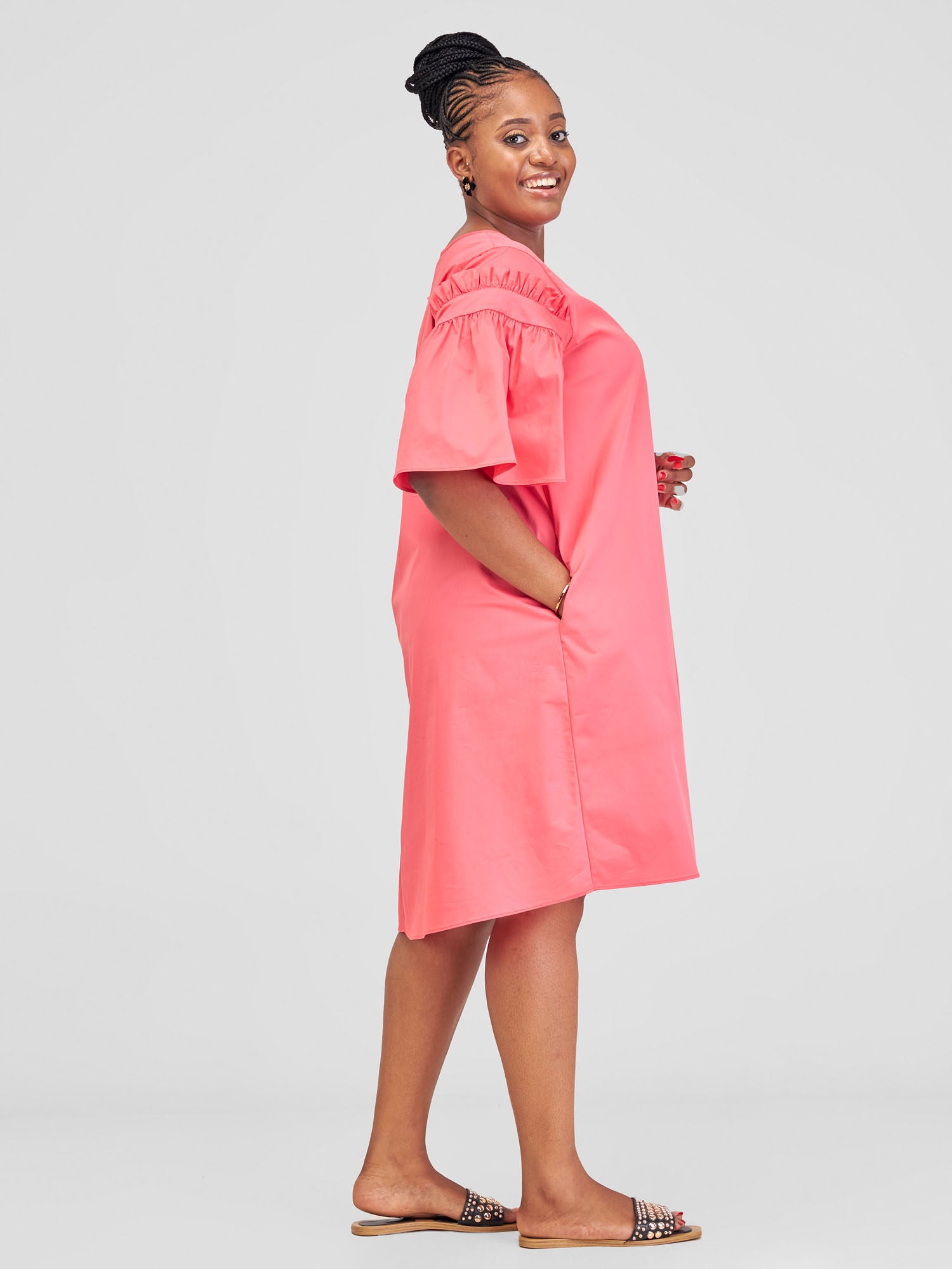 Safari Mali Gathered Flounce Sleeve Tent Dress - Coral