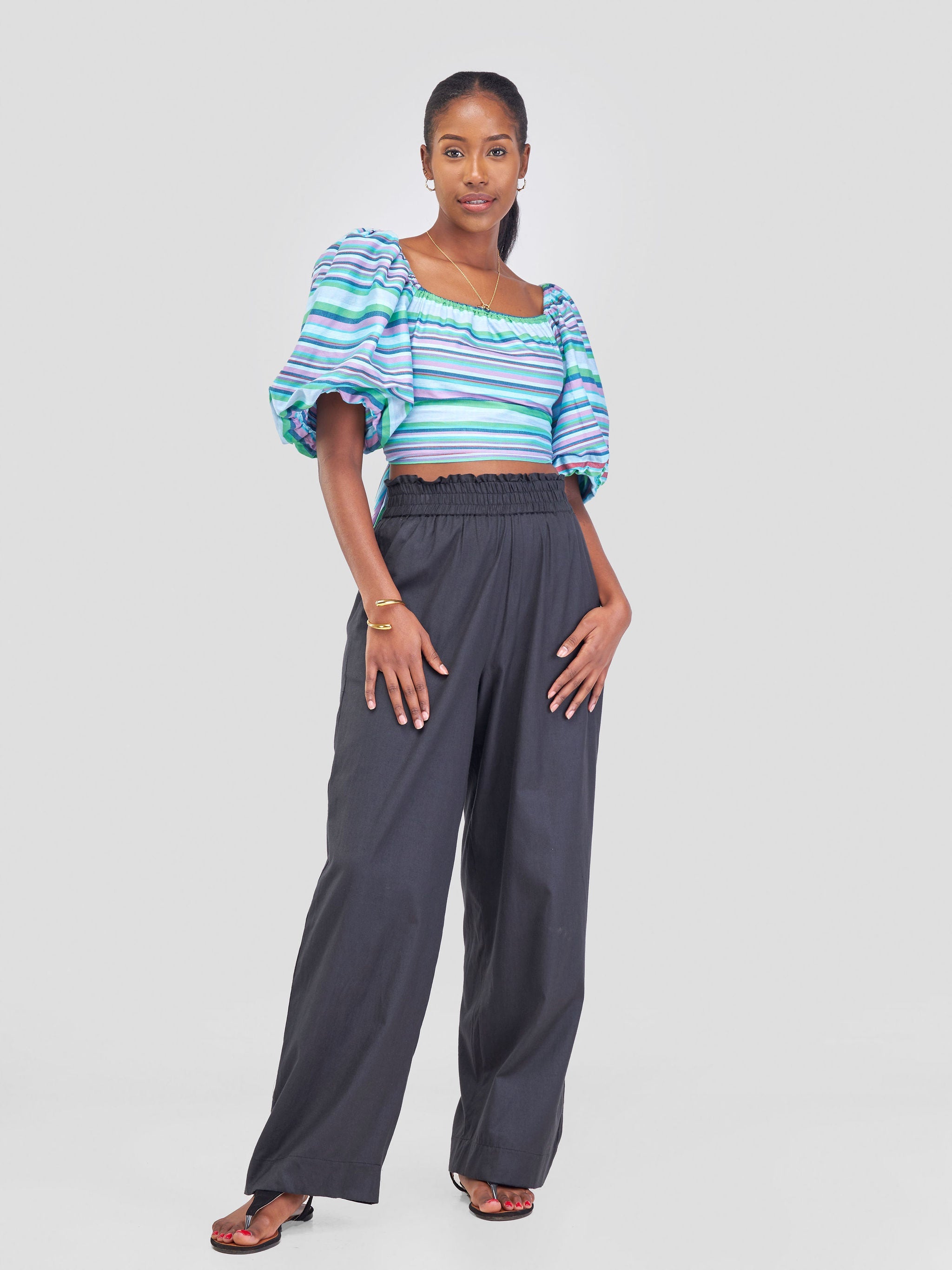 Safari Kikoy Bubble Sleeve Crop Wrap Top - Blue / Pink Print