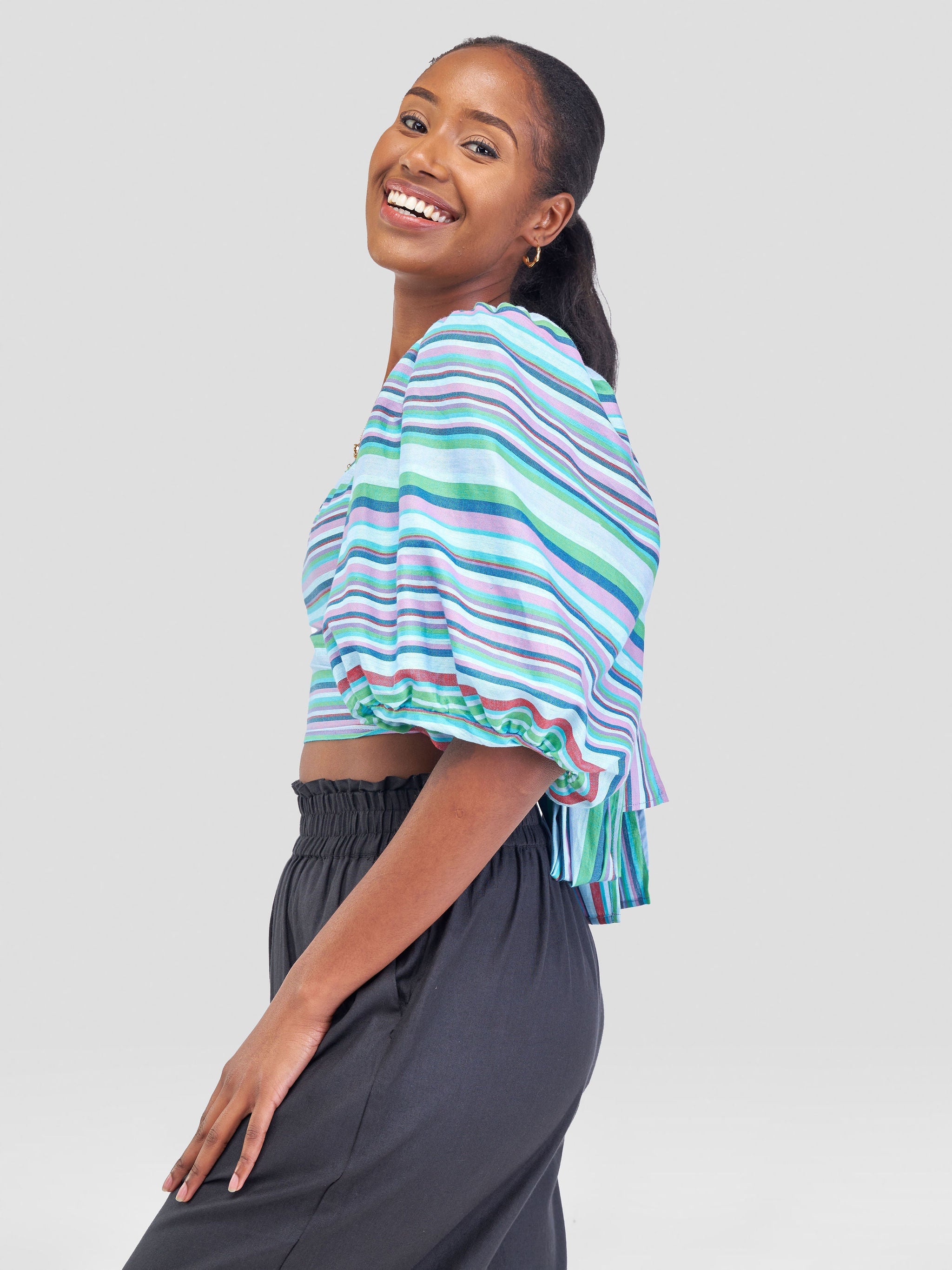 Safari Kikoy Bubble Sleeve Crop Wrap Top - Blue / Pink Print