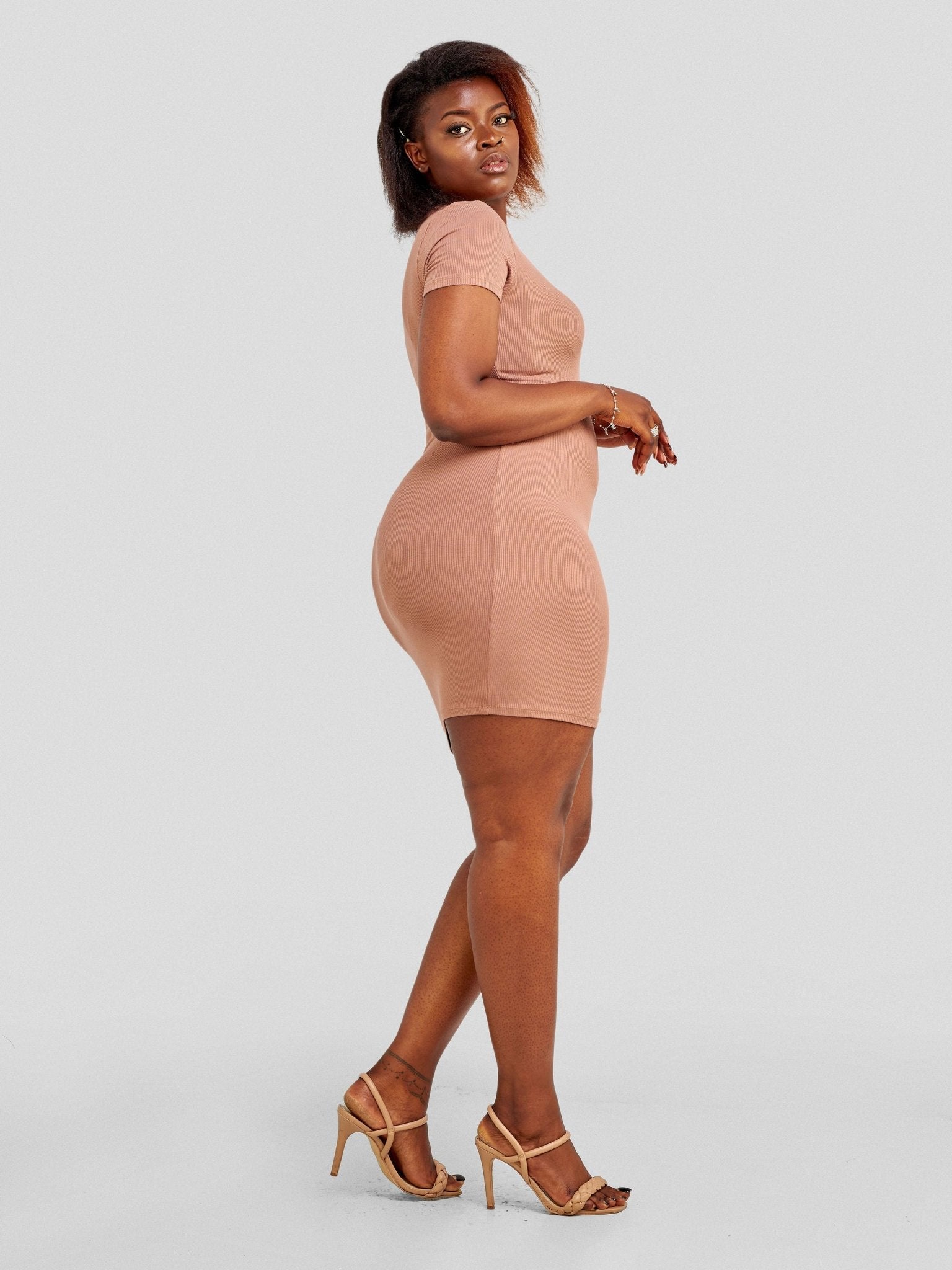 Popular 21 Crew Neck Slit Dress - Beaver Fur - Shopzetu
