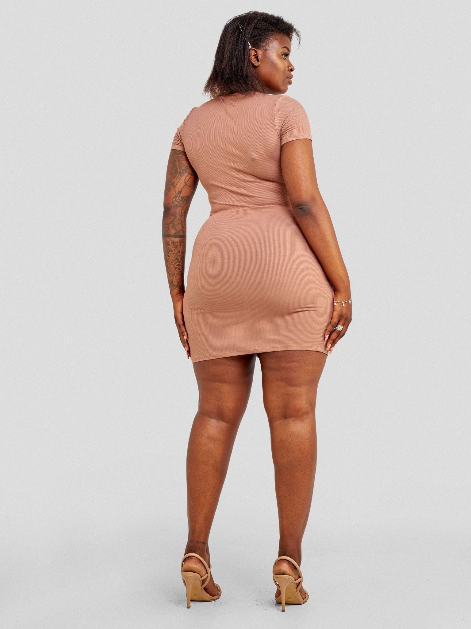 Popular 21 Crew Neck Slit Dress - Beaver Fur - Shopzetu