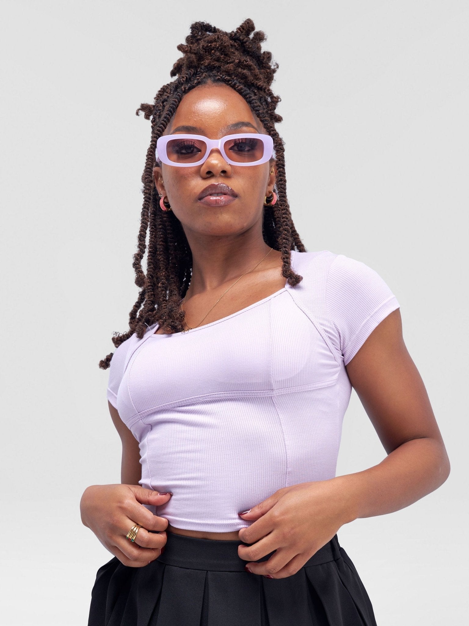 Lola Cropped Tee With Padded Bust & Corset Design - Lavender - Shopzetu