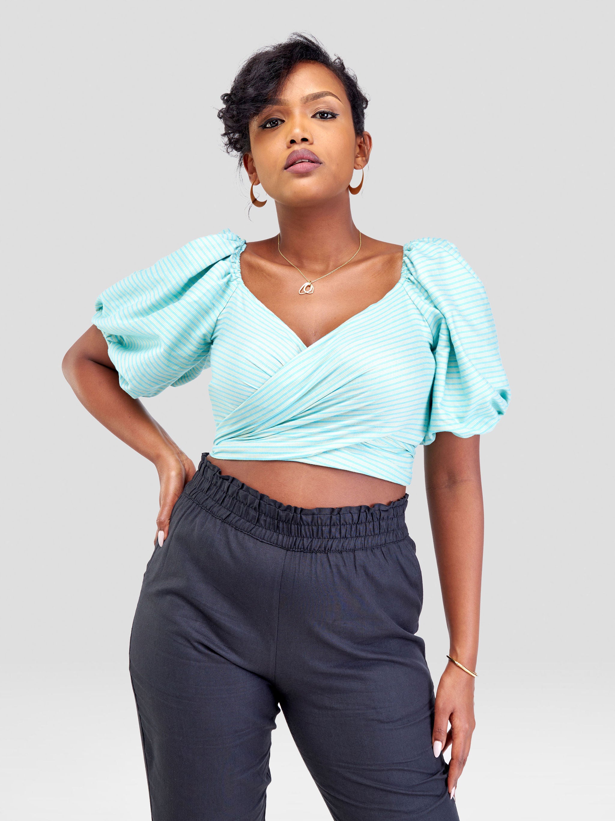Safari Kikoy Bubble Sleeve Crop Wrap Top - Blue