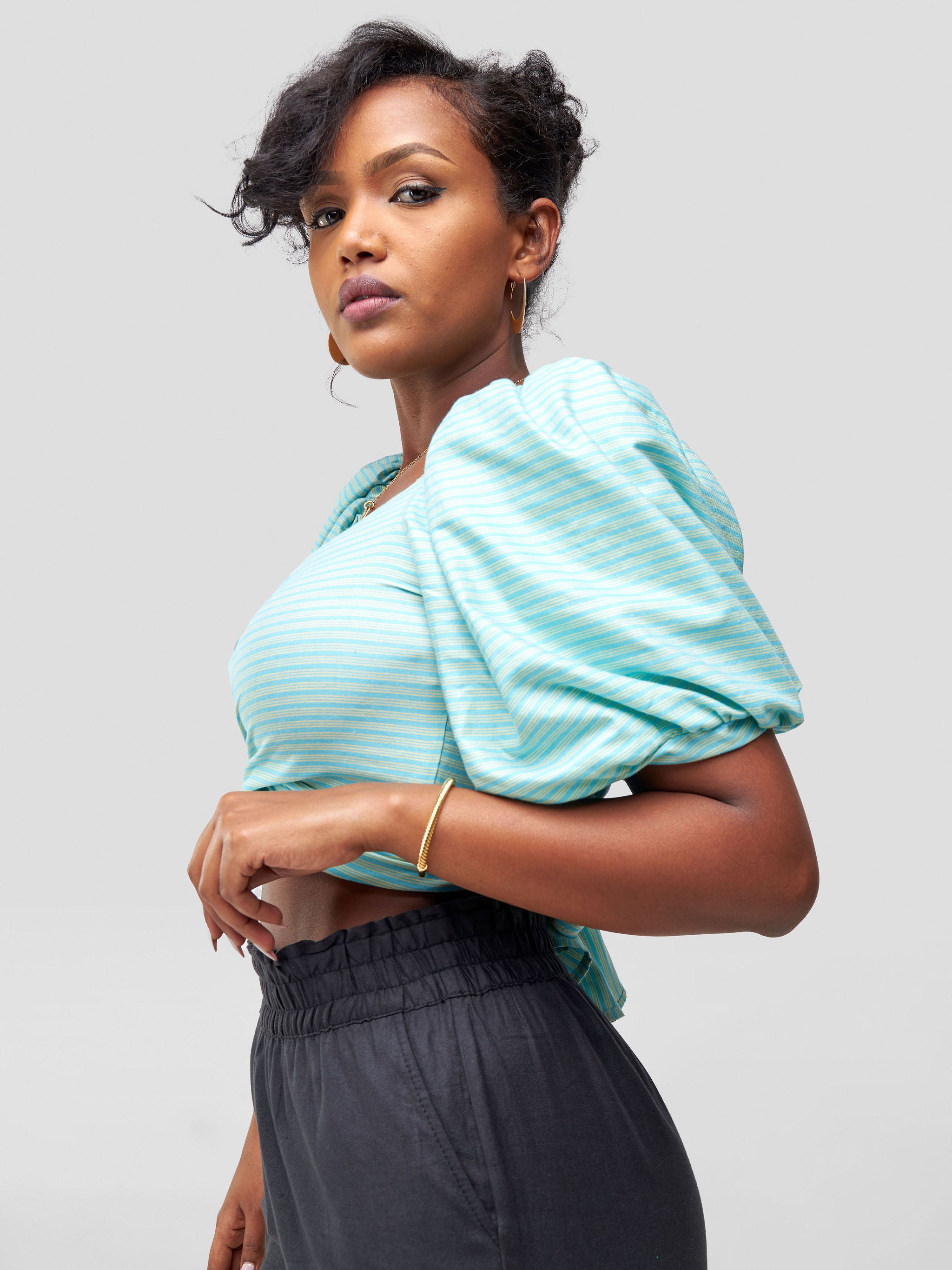 Safari Kikoy Bubble Sleeve Crop Wrap Top - Blue