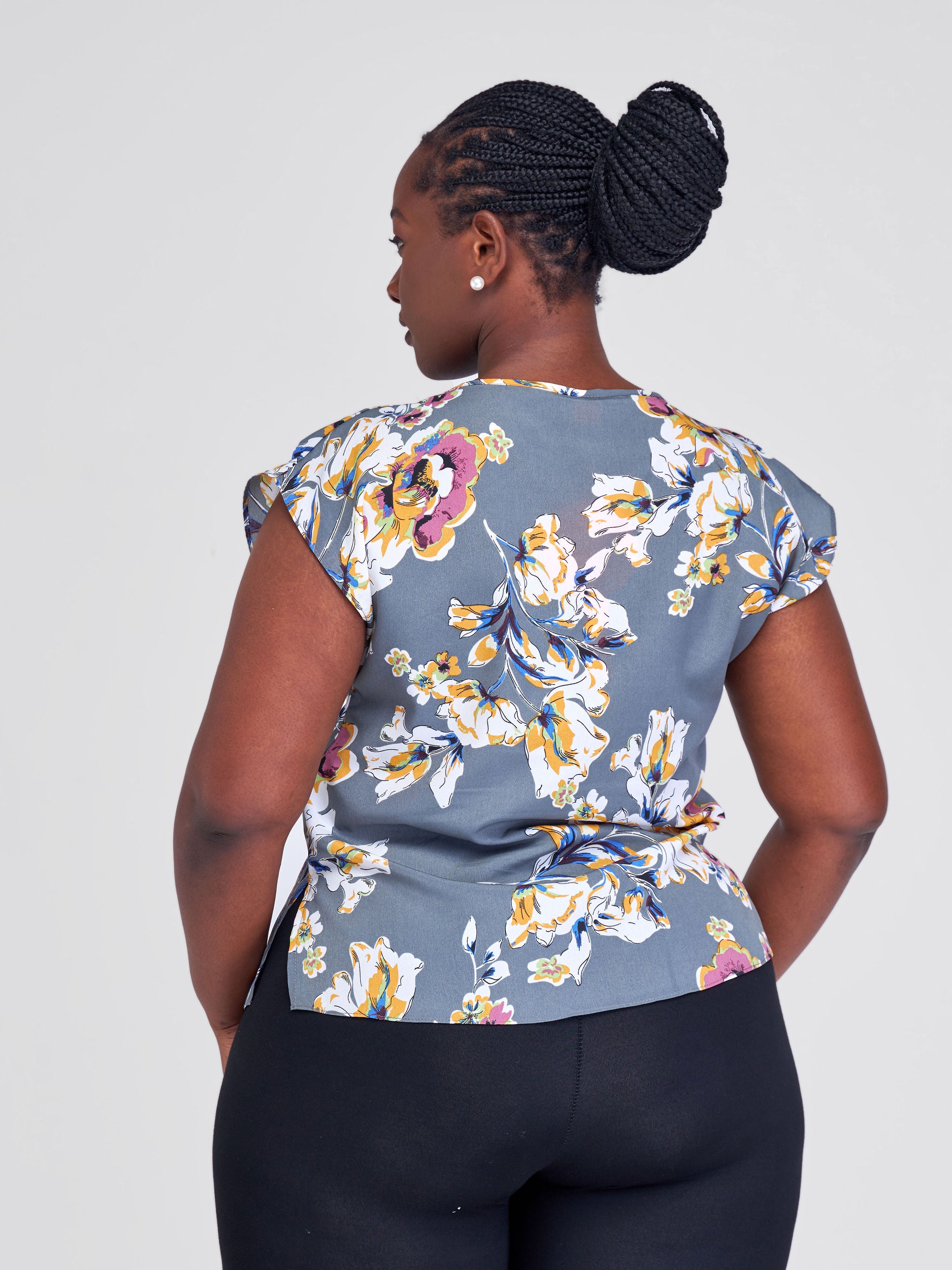 Vivo Fahari Drop Shoulder Cowl Top - Grey / Mustard Floral Print