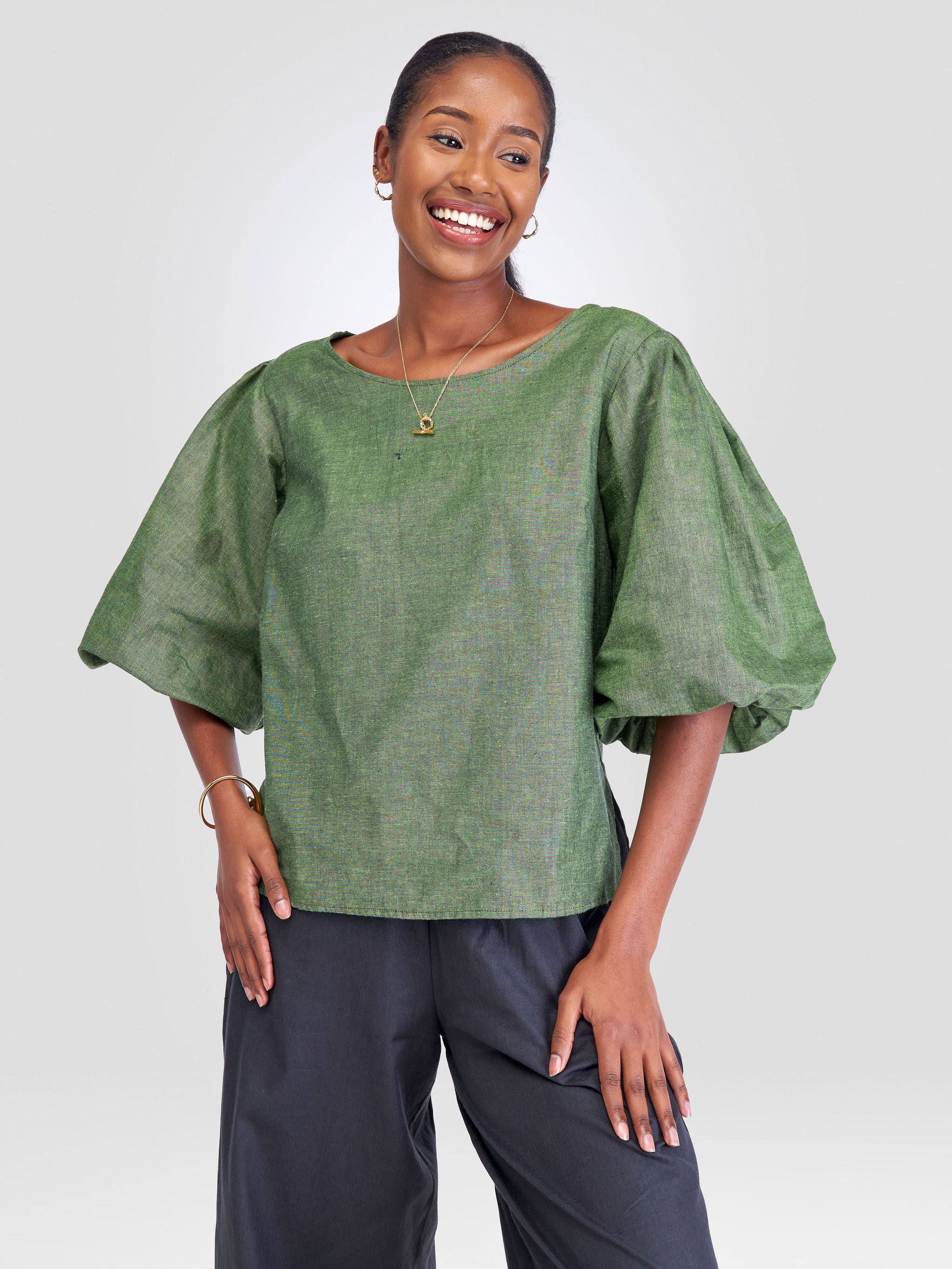 Safari Kikoy Bubble Sleeve Top - Green