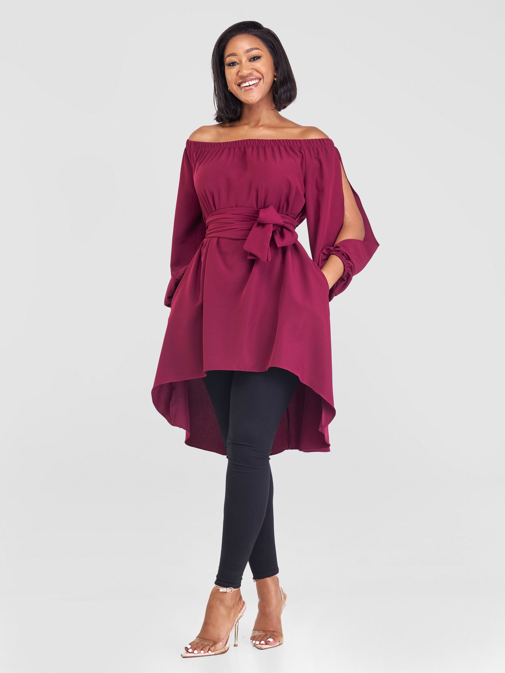 Vivo Yumi Off Shoulder High Low Top - Burgundy