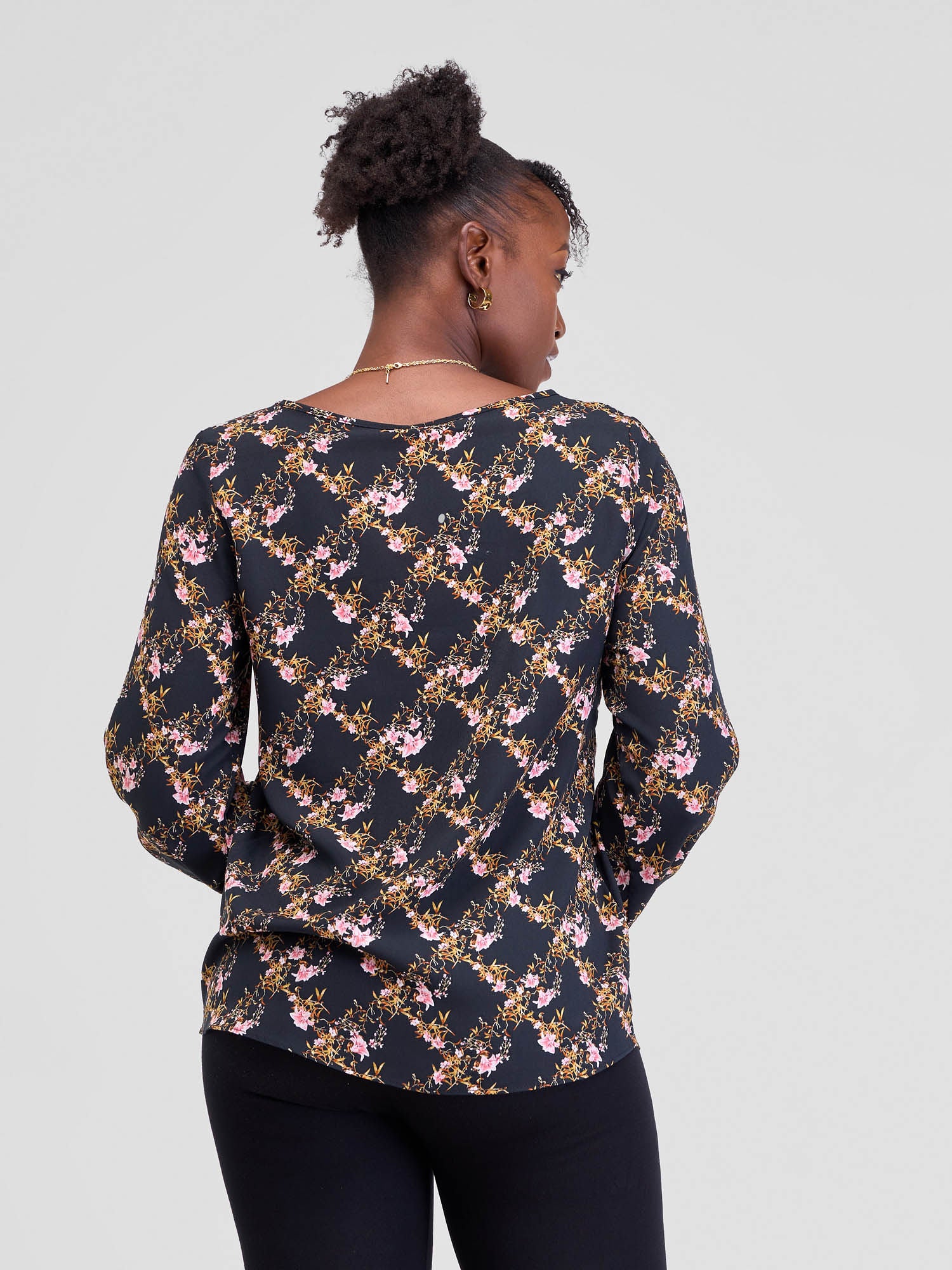 Vivo Basic Long Sleeved Bishop Top - Black Pink Floral Print