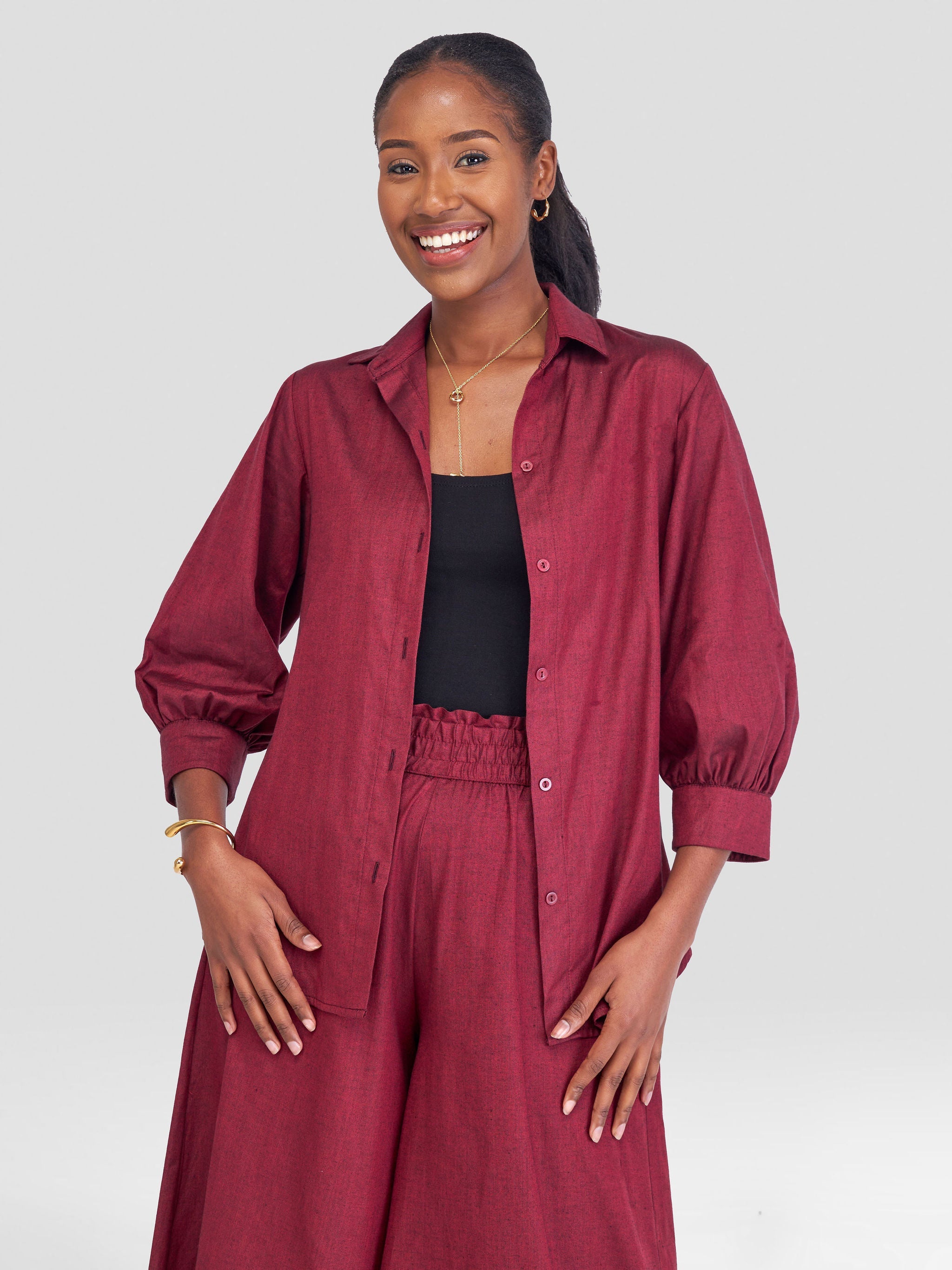 Safari Kikoy 3/4 Sleeve Shirt - Maroon