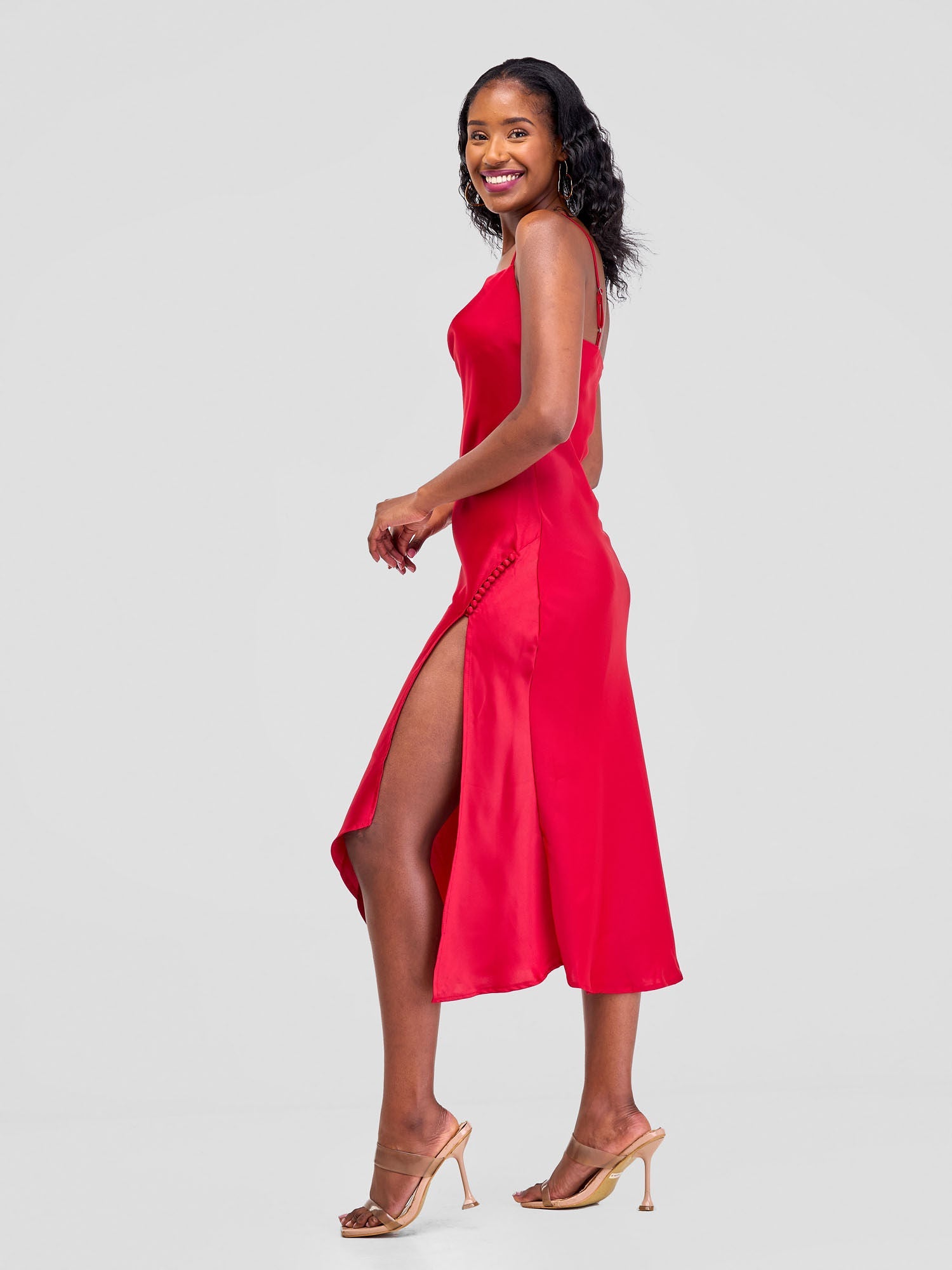 Satin Slip Dress With Side Buttons - Red