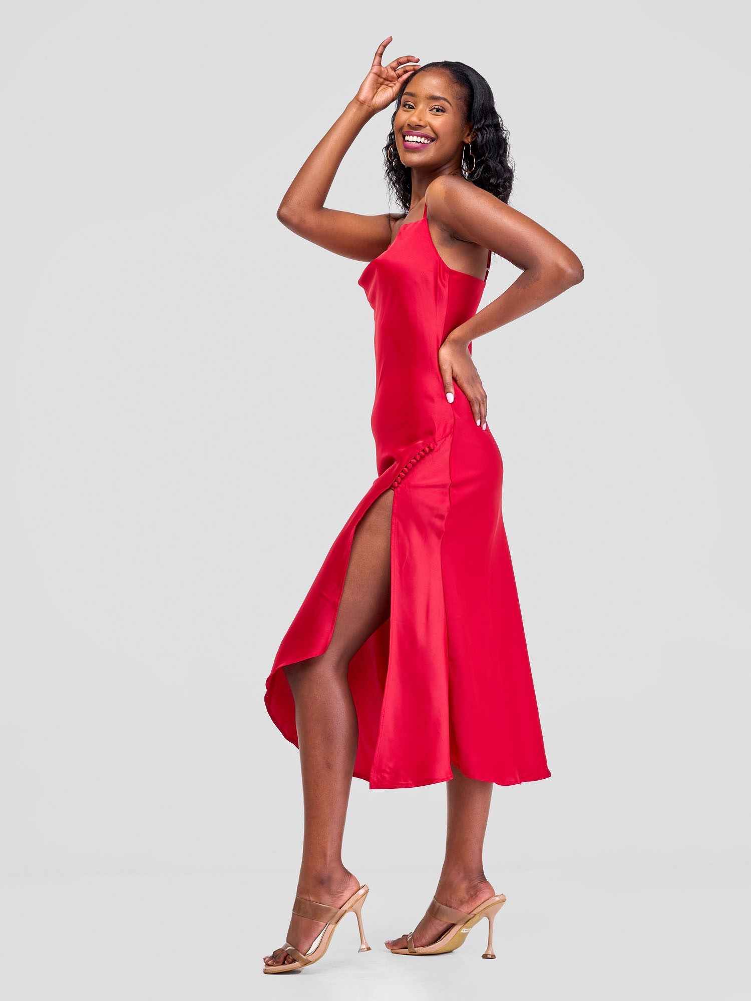 Satin Slip Dress With Side Buttons - Red