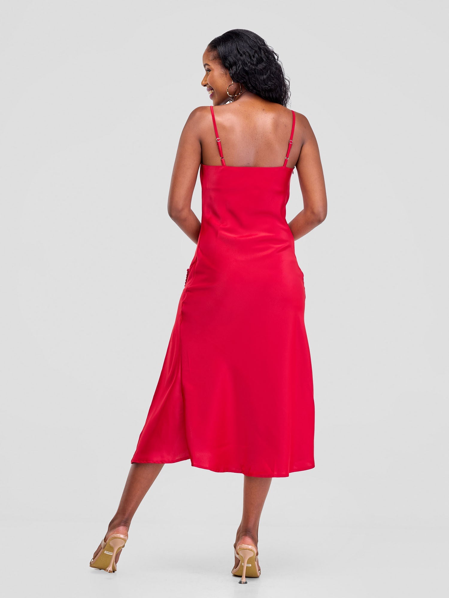 Satin Slip Dress With Side Buttons - Red