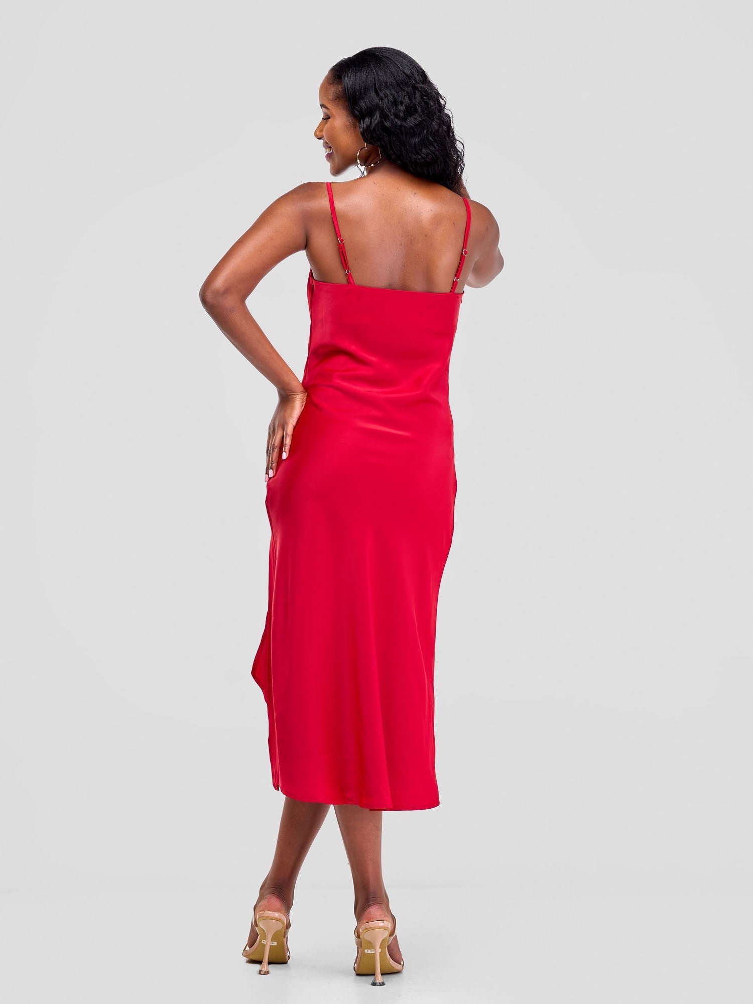 Satin Slip Dress With Side Buttons - Red