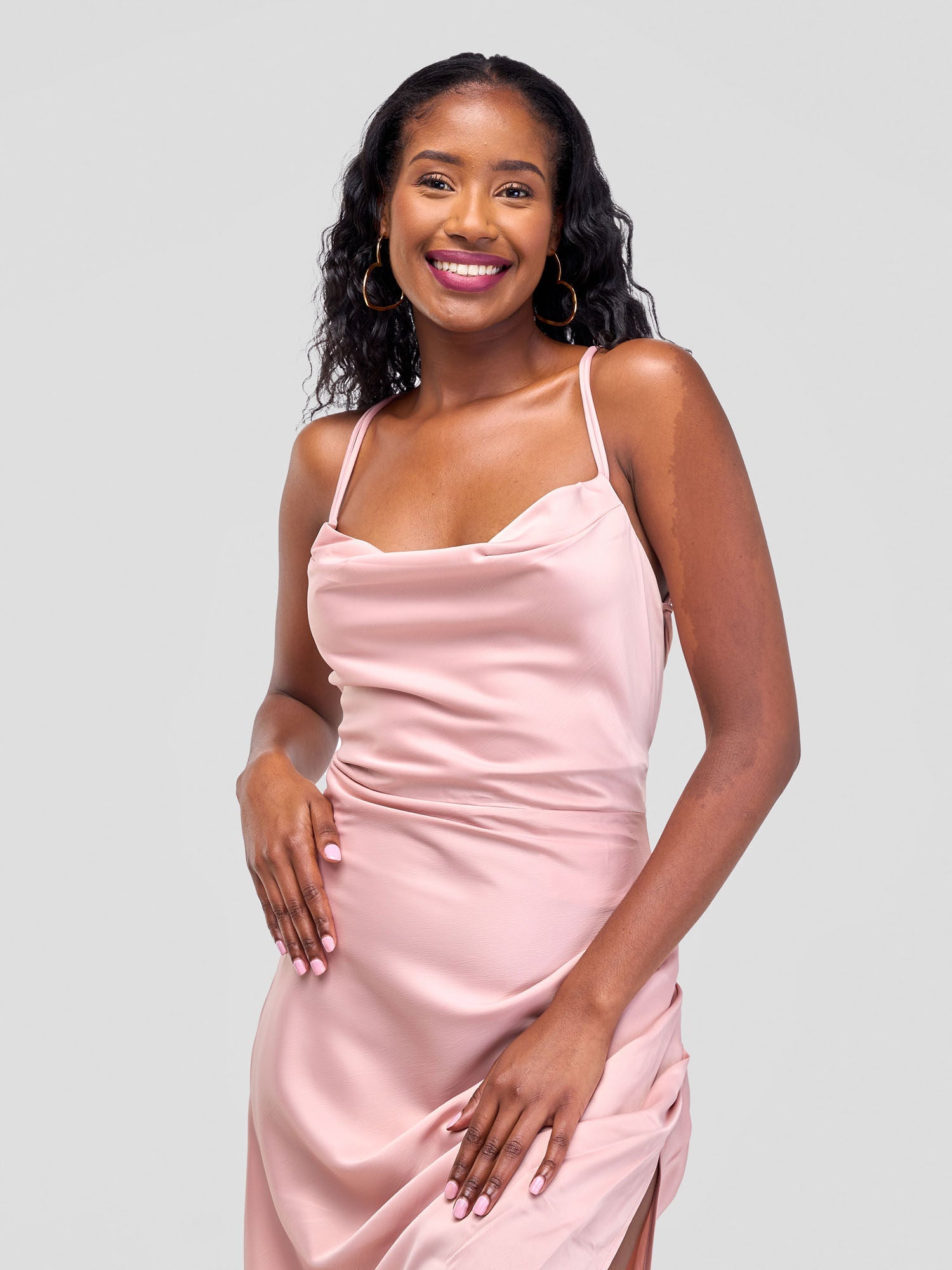 Backless Strappy Satin Dress  With High Side Slit - Baby Pink