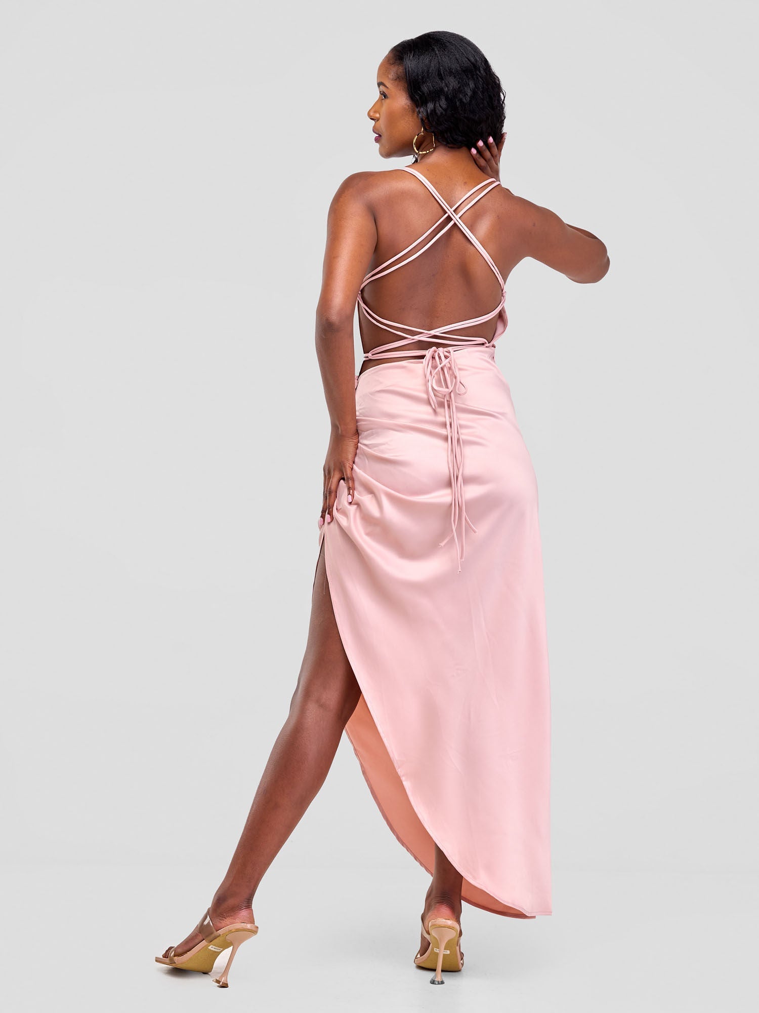 Backless Strappy Satin Dress  With High Side Slit - Baby Pink