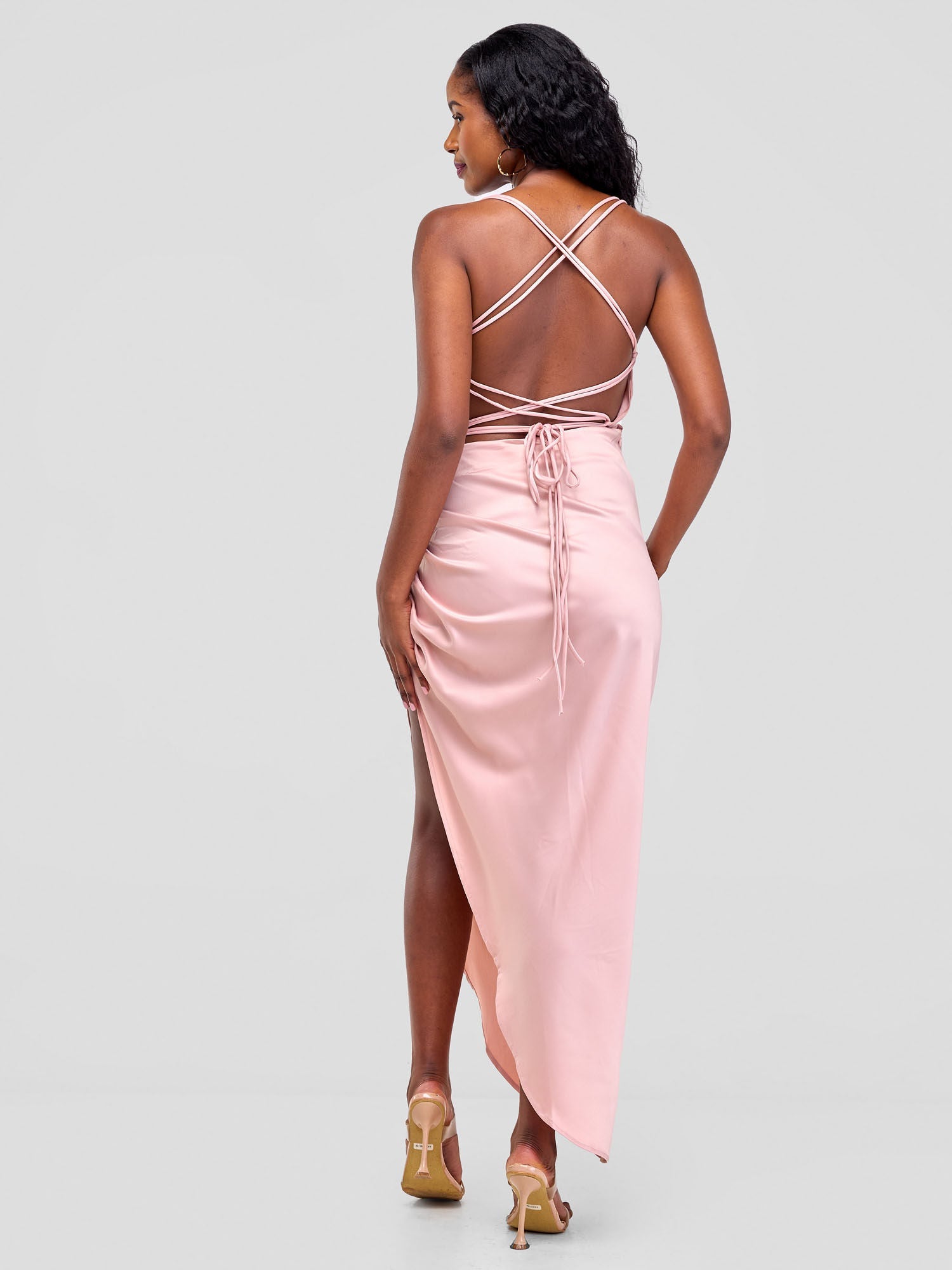 Backless Strappy Satin Dress  With High Side Slit - Baby Pink