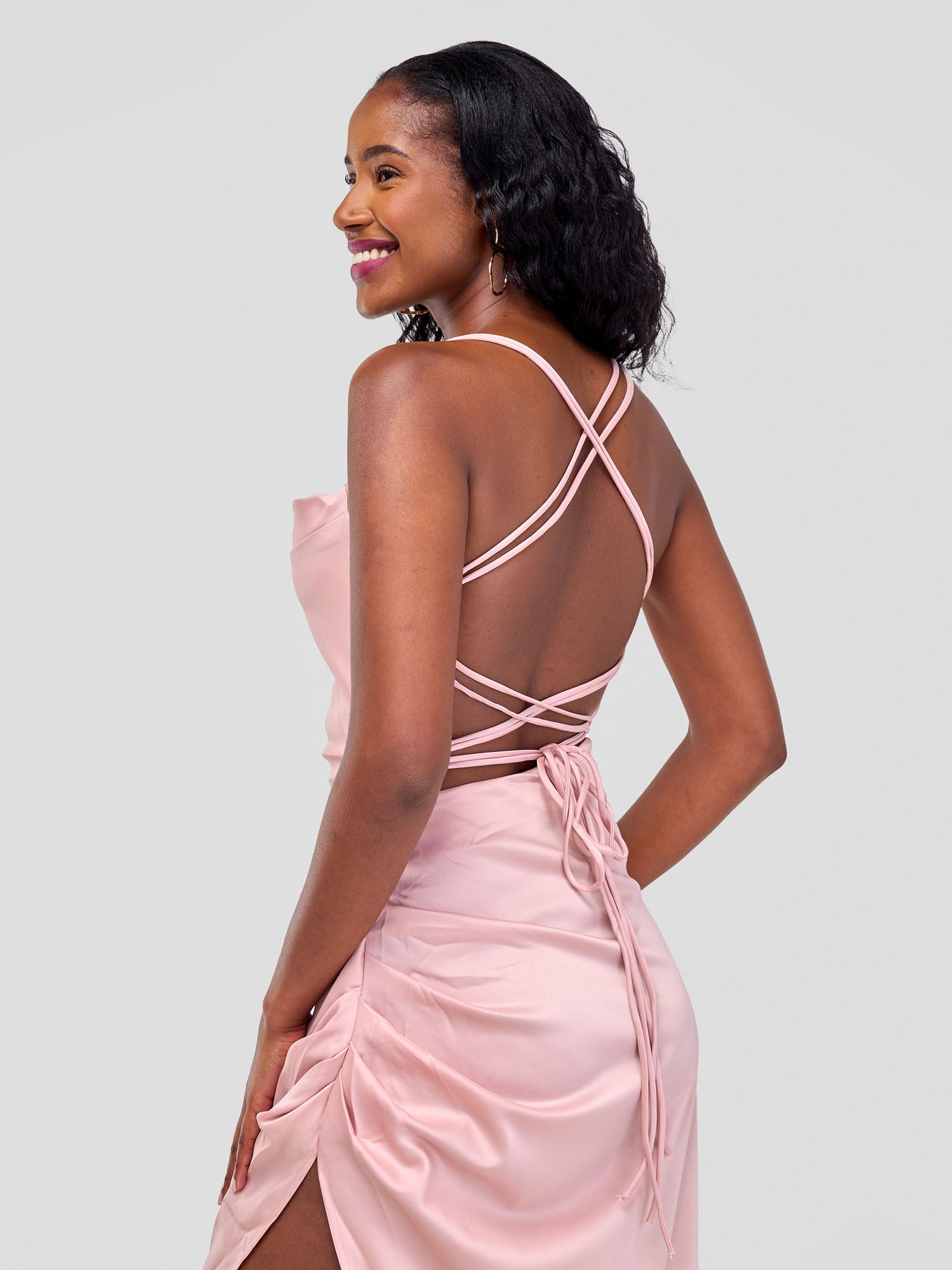 Backless Strappy Satin Dress  With High Side Slit - Baby Pink