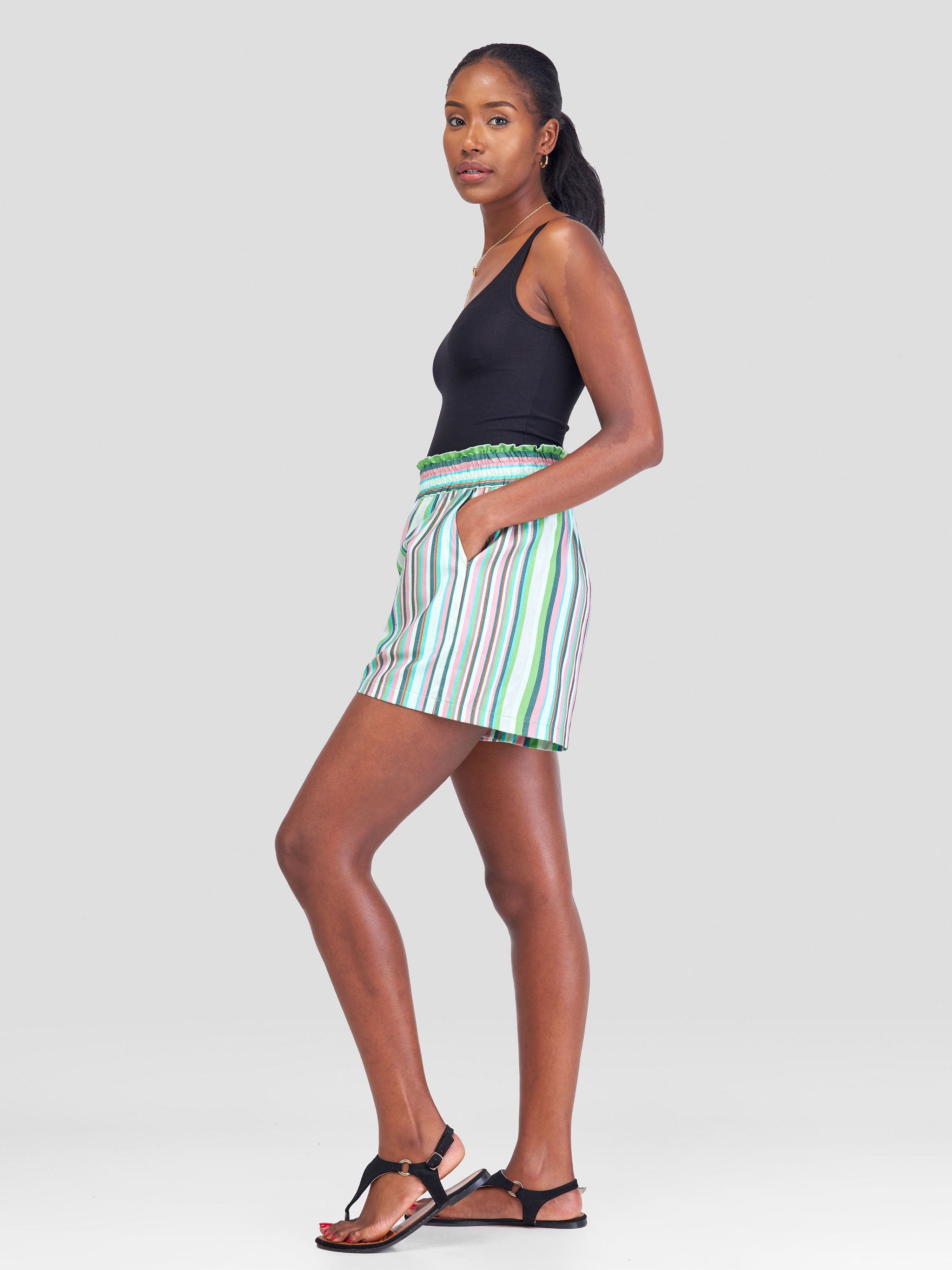 Safari Kikoy Wide Elastic Shorts -Green / Pink Print