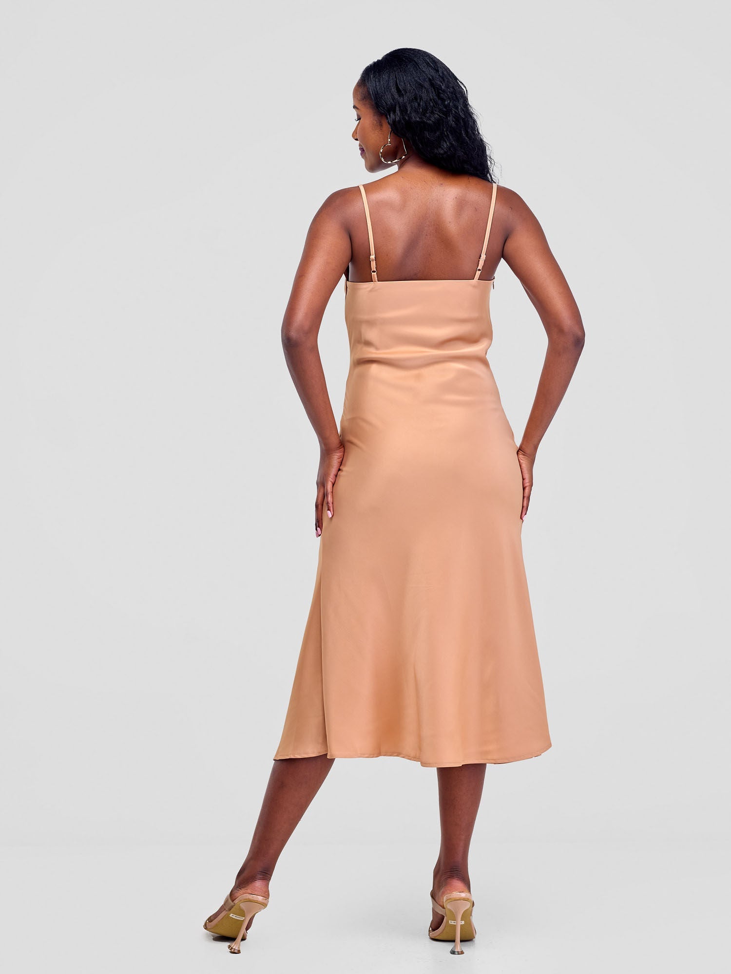 Satin Slip Dress With Side Buttons - Tan