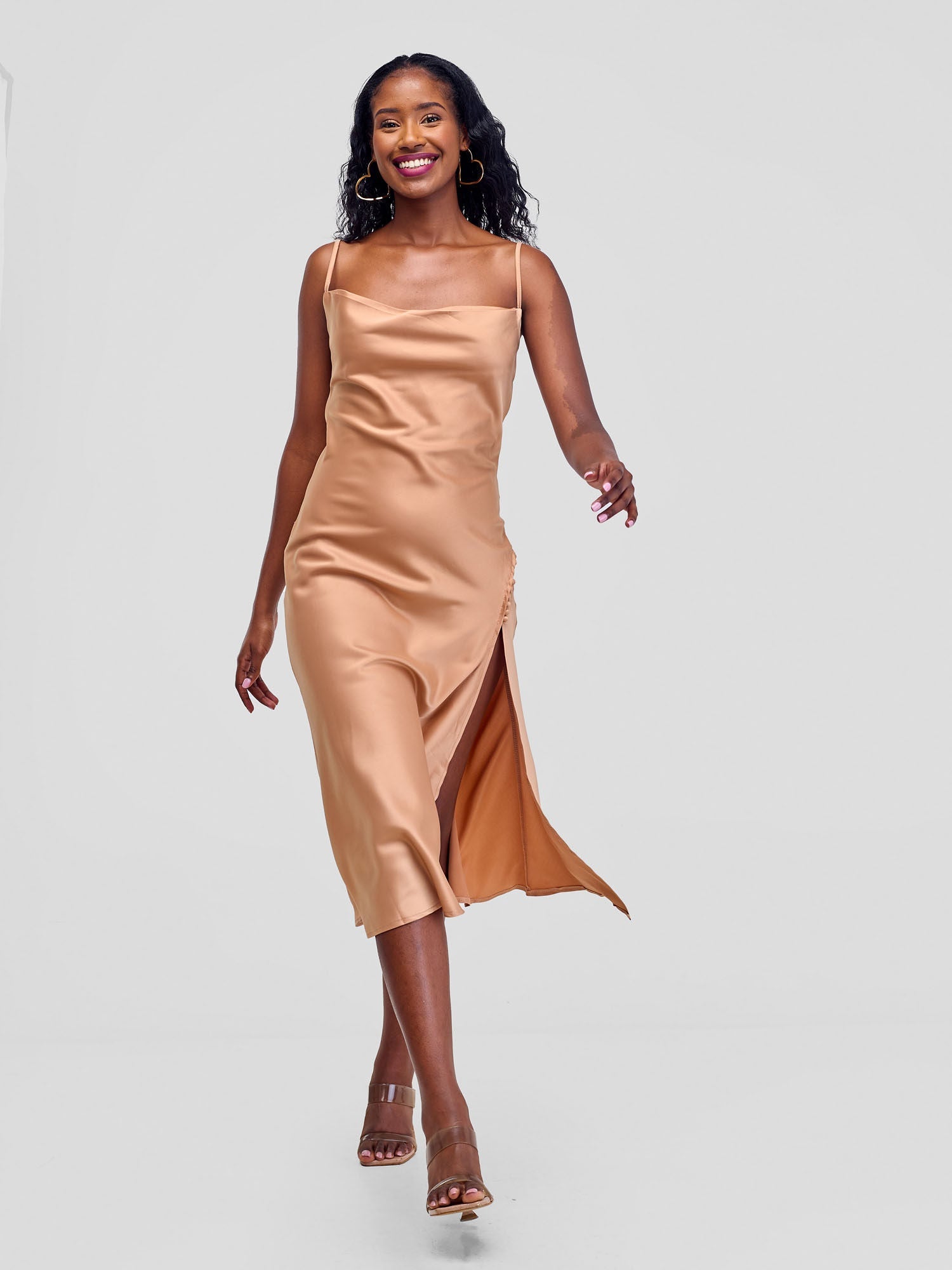 Satin Slip Dress With Side Buttons - Tan