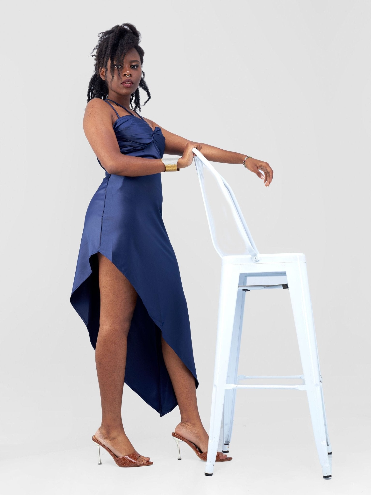 Lola Long Strappy Satin Dress with Pleated Bust - Navy Blue - Shopzetu