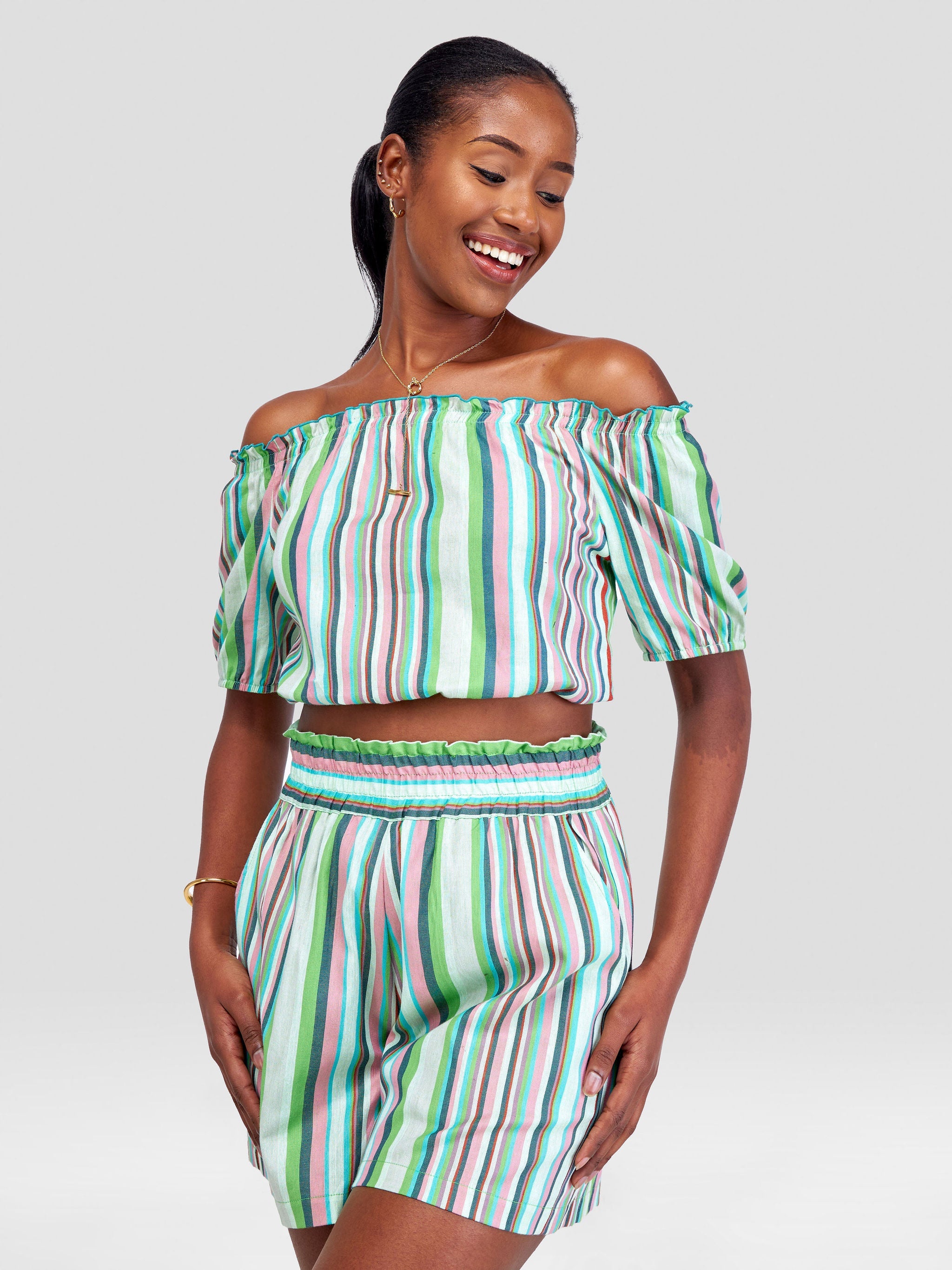 Safari Kikoy Off Shoulder Crop Top - Green / Pink Print