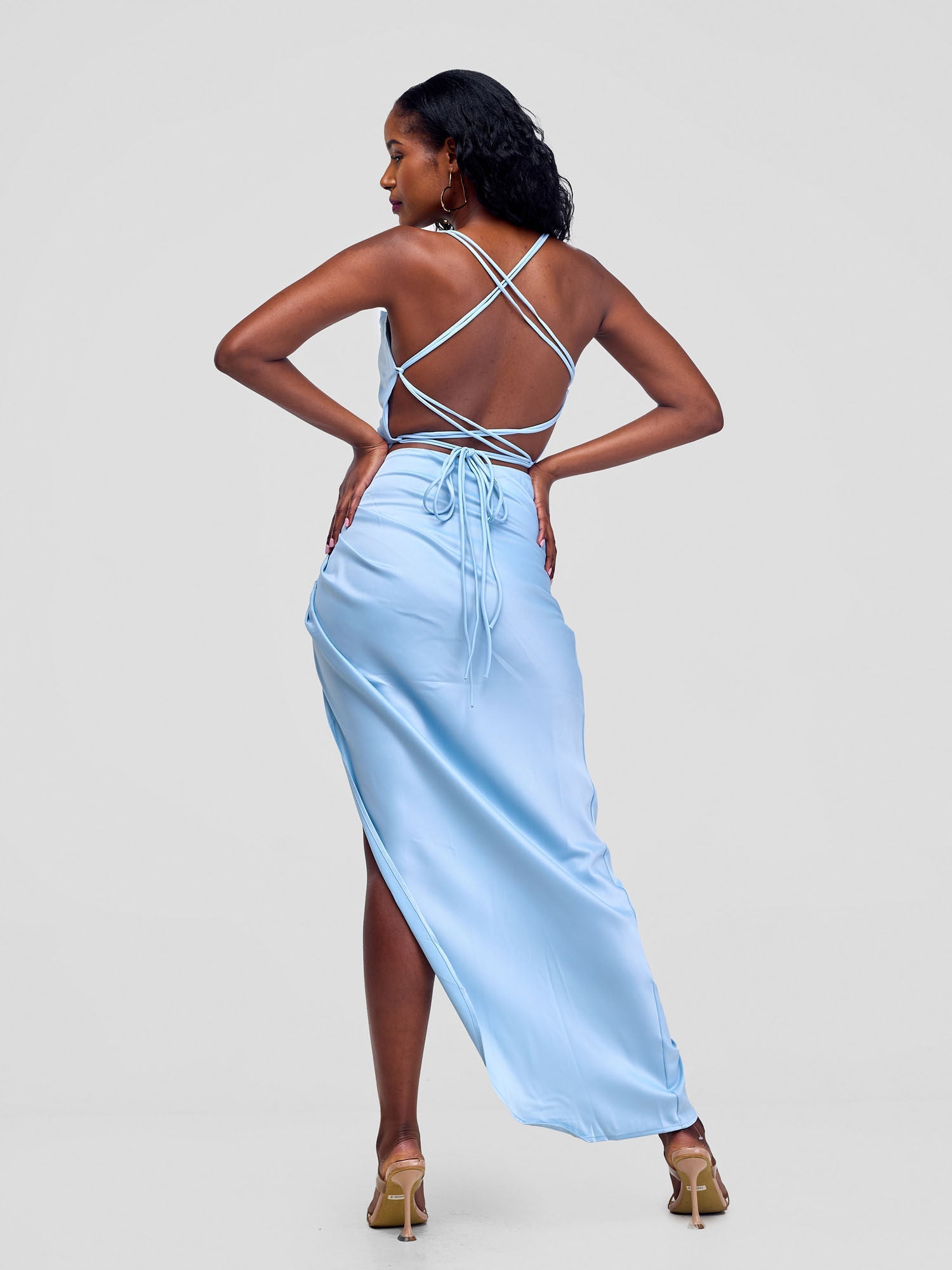 Backless Strappy Satin Dress  With High Side Slit - Baby Blue