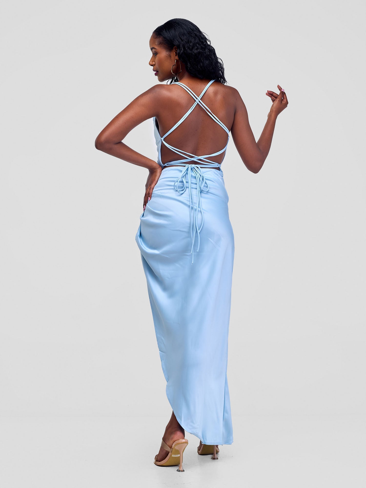 Backless Strappy Satin Dress  With High Side Slit - Baby Blue