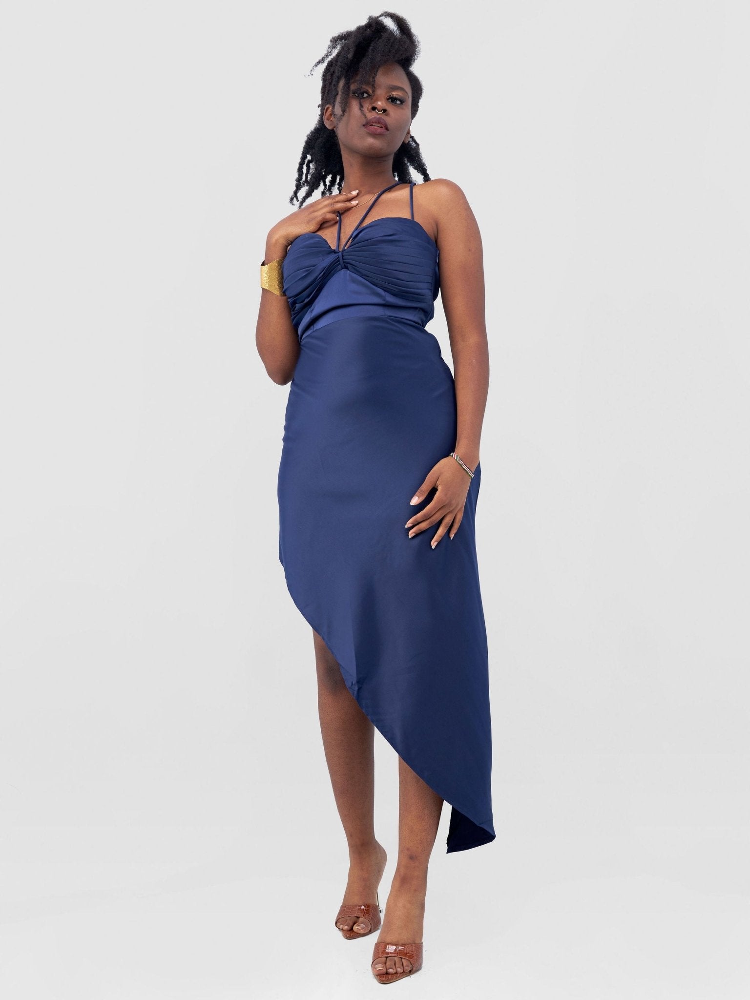 Lola Long Strappy Satin Dress with Pleated Bust - Navy Blue - Shopzetu