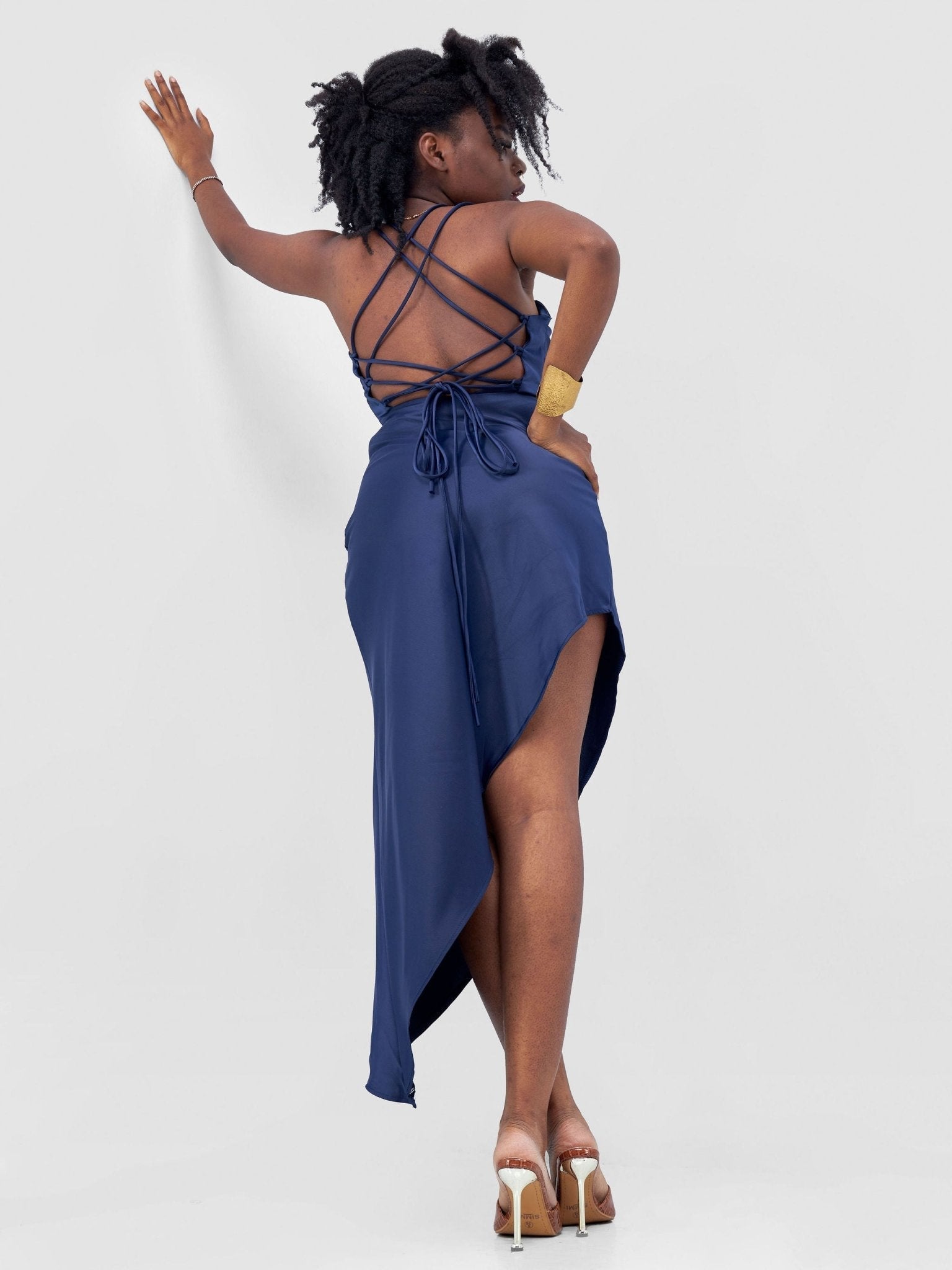 Lola Long Strappy Satin Dress with Pleated Bust - Navy Blue - Shopzetu