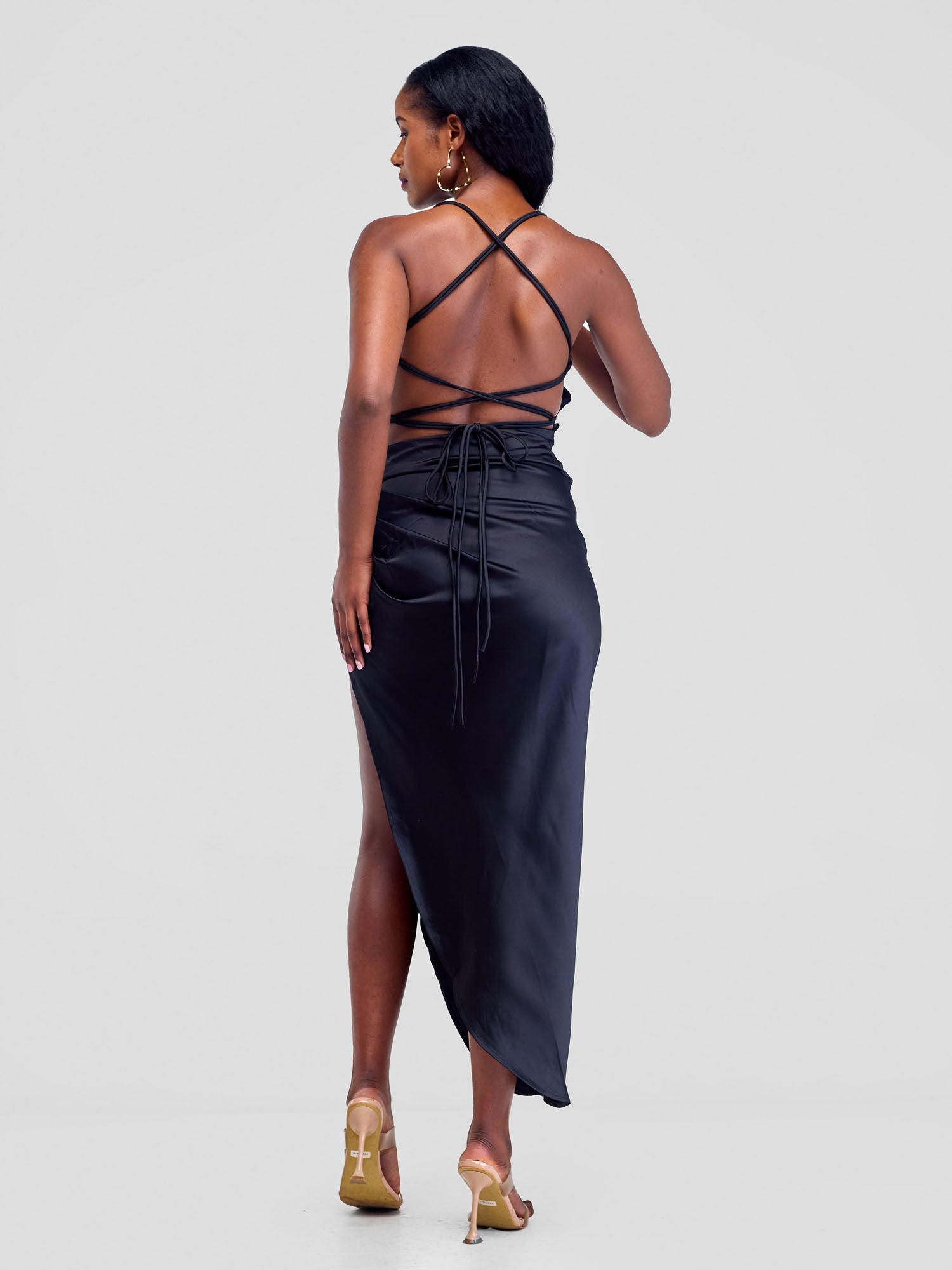 Backless Strappy Satin Dress  With High Side Slit - Black