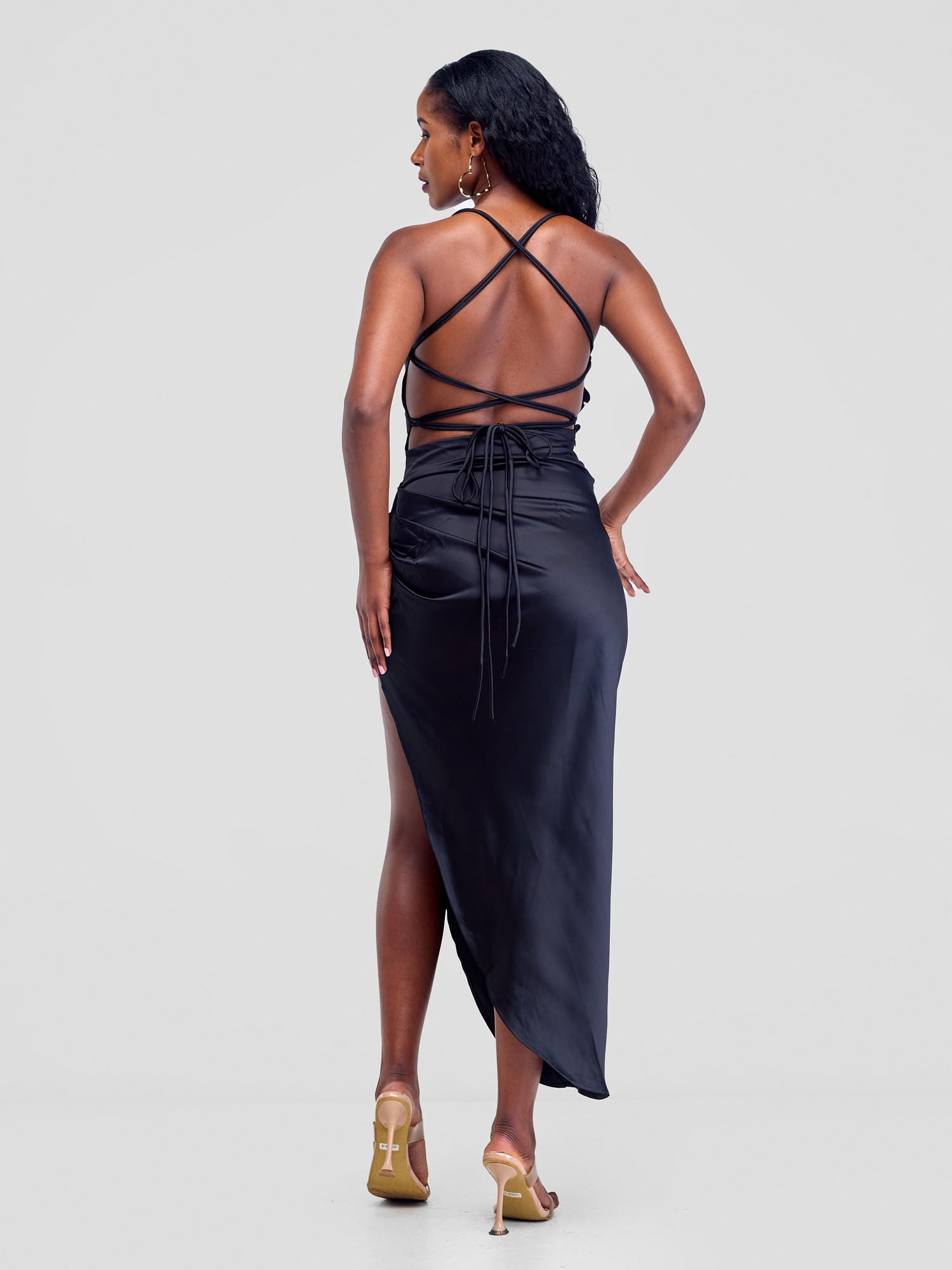 Backless Strappy Satin Dress  With High Side Slit - Black