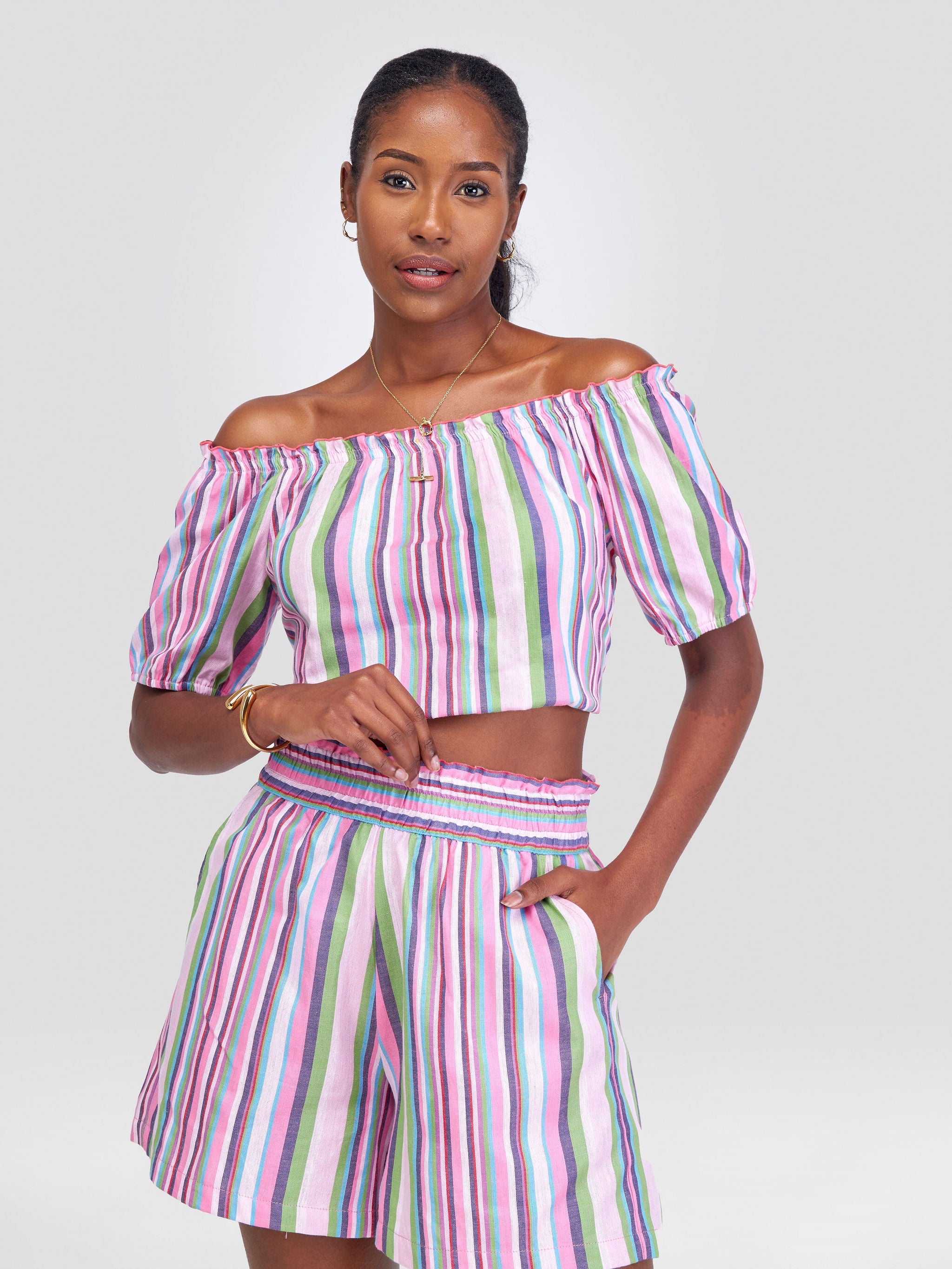 Safari Kikoy Off Shoulder Crop Top - Pink / Blue Print